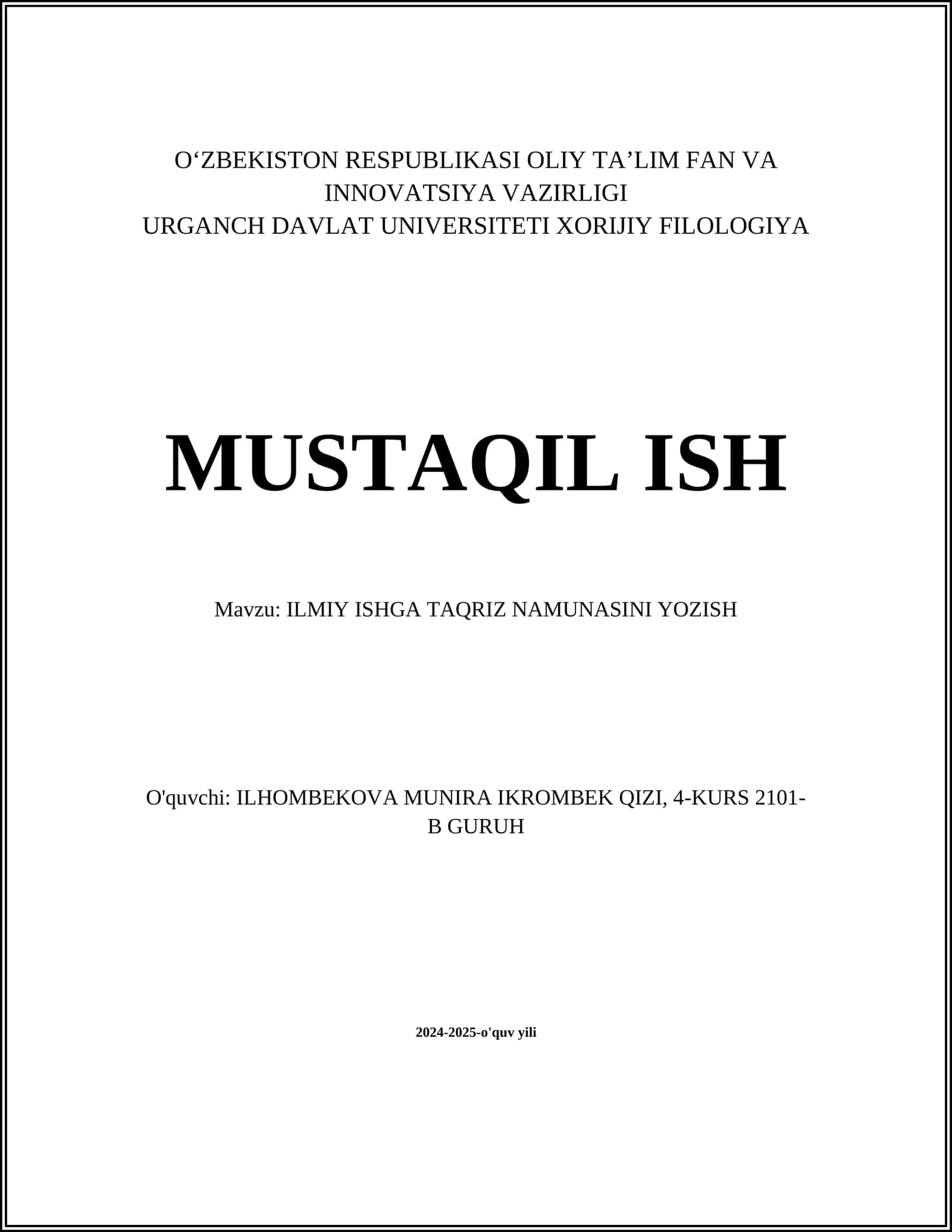 ILMIY ISHGA TAQRIZ NAMUNASINI YOZISH