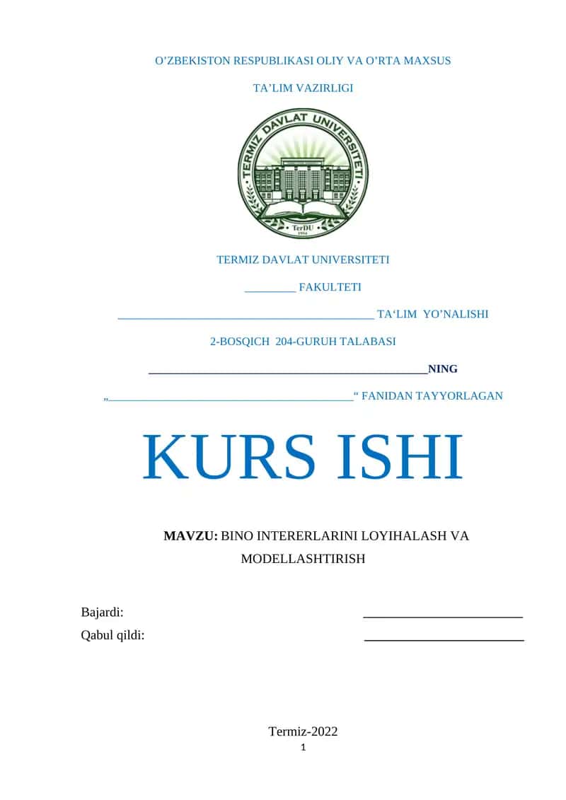 BINO INTERERLARINI LOYIHALASH VA MODELLASHTIRISH