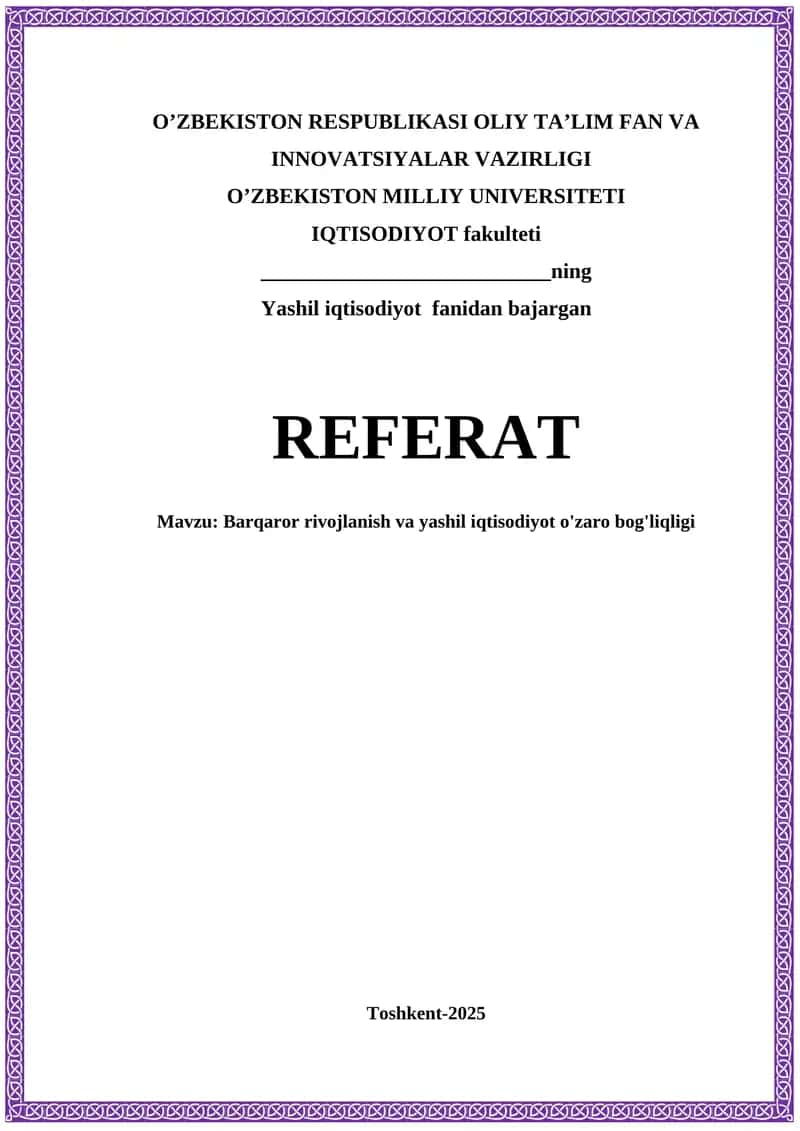 Barqaror rivojlanish va yashil iqtisodiyot o'zaro bog'liqligi