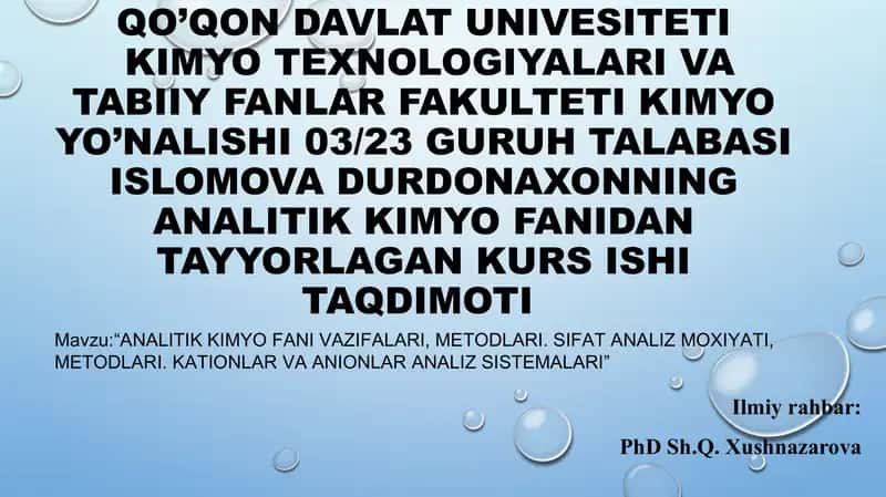 ANALITIK KIMYO FANI VAZIFALARI