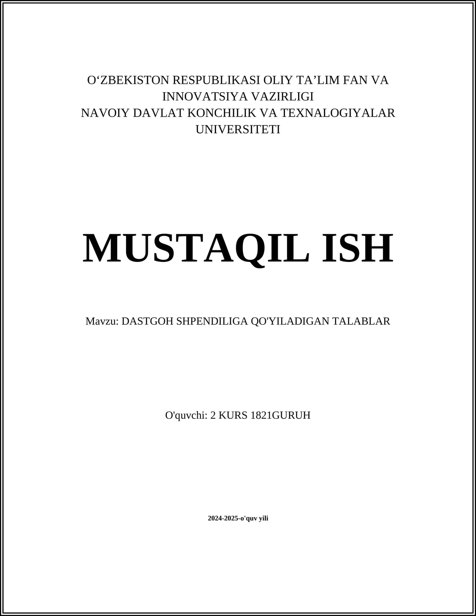 Dastgohning Texnik Me'yorlari