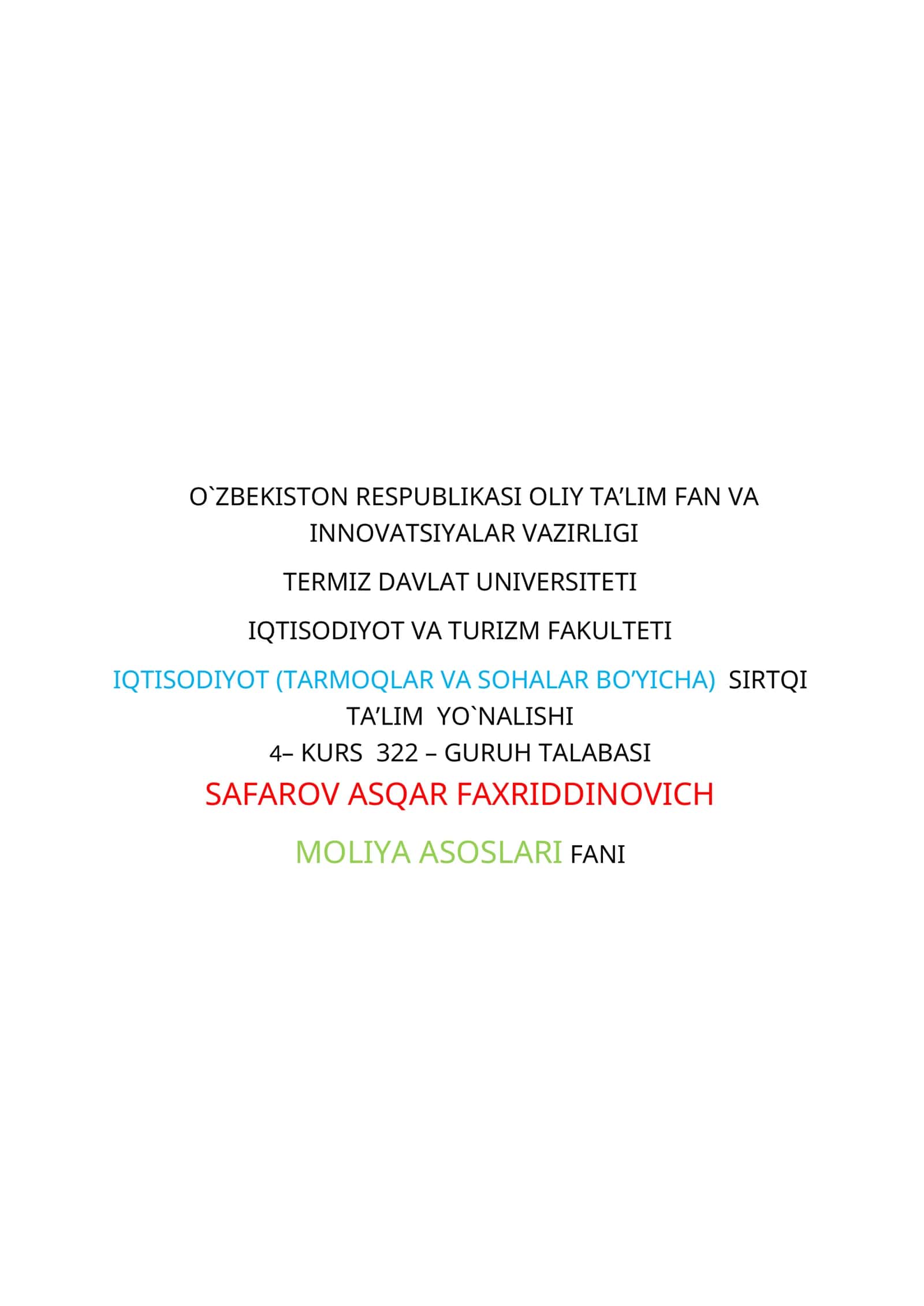 MOLIYA ASOSLARI FANI