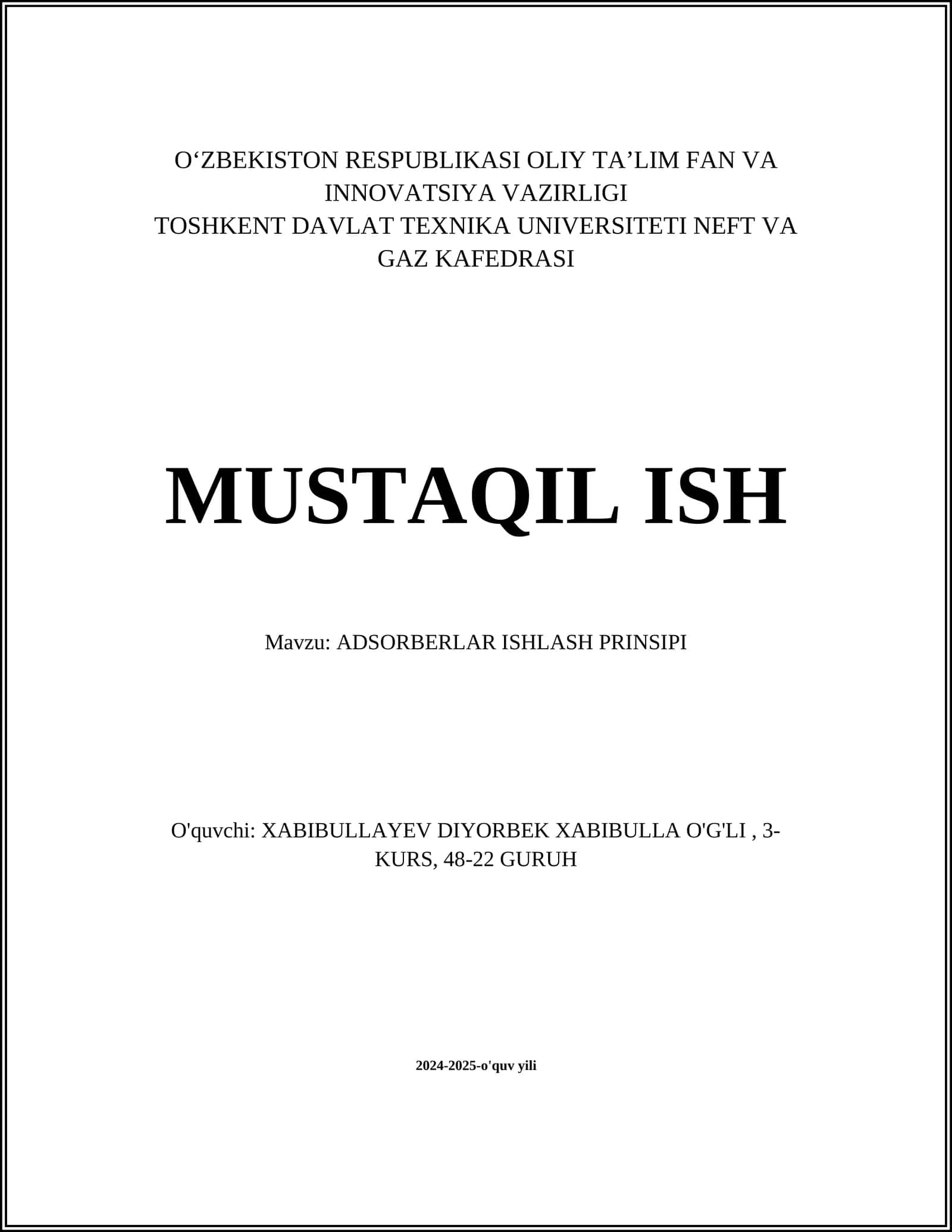 ADSORBERLAR ISHLASH PRINSIPI