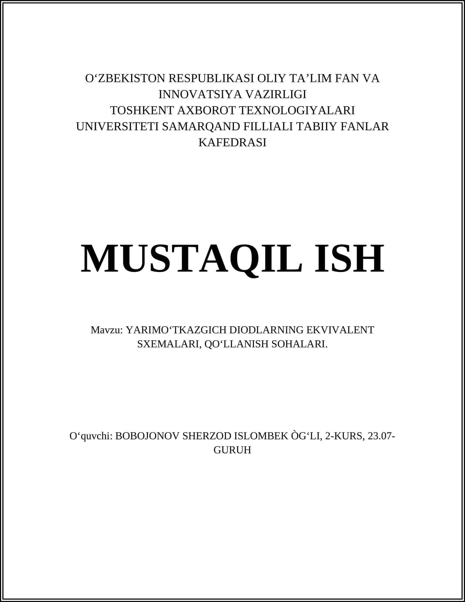 YARIMO‘TKAZGICH DIODLARNING EKVIVALENT SXEMALARI, QO‘LLANISH SOHALARI