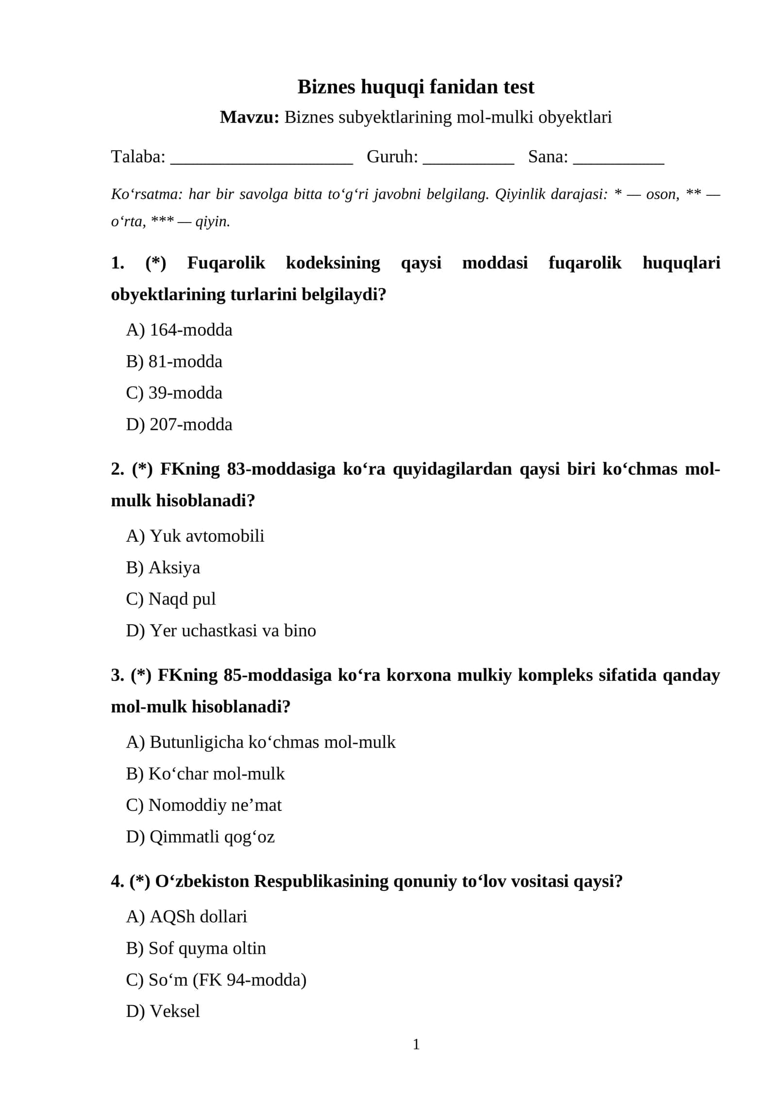 Biznes subyektlarining mol-mulki obyektlari