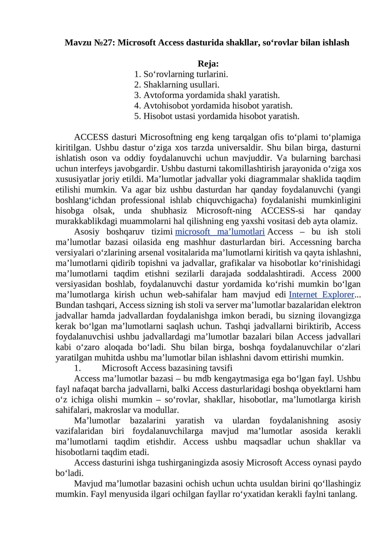Microsoft Access dasturida shakllar, soʻrovlar bilan ishlash