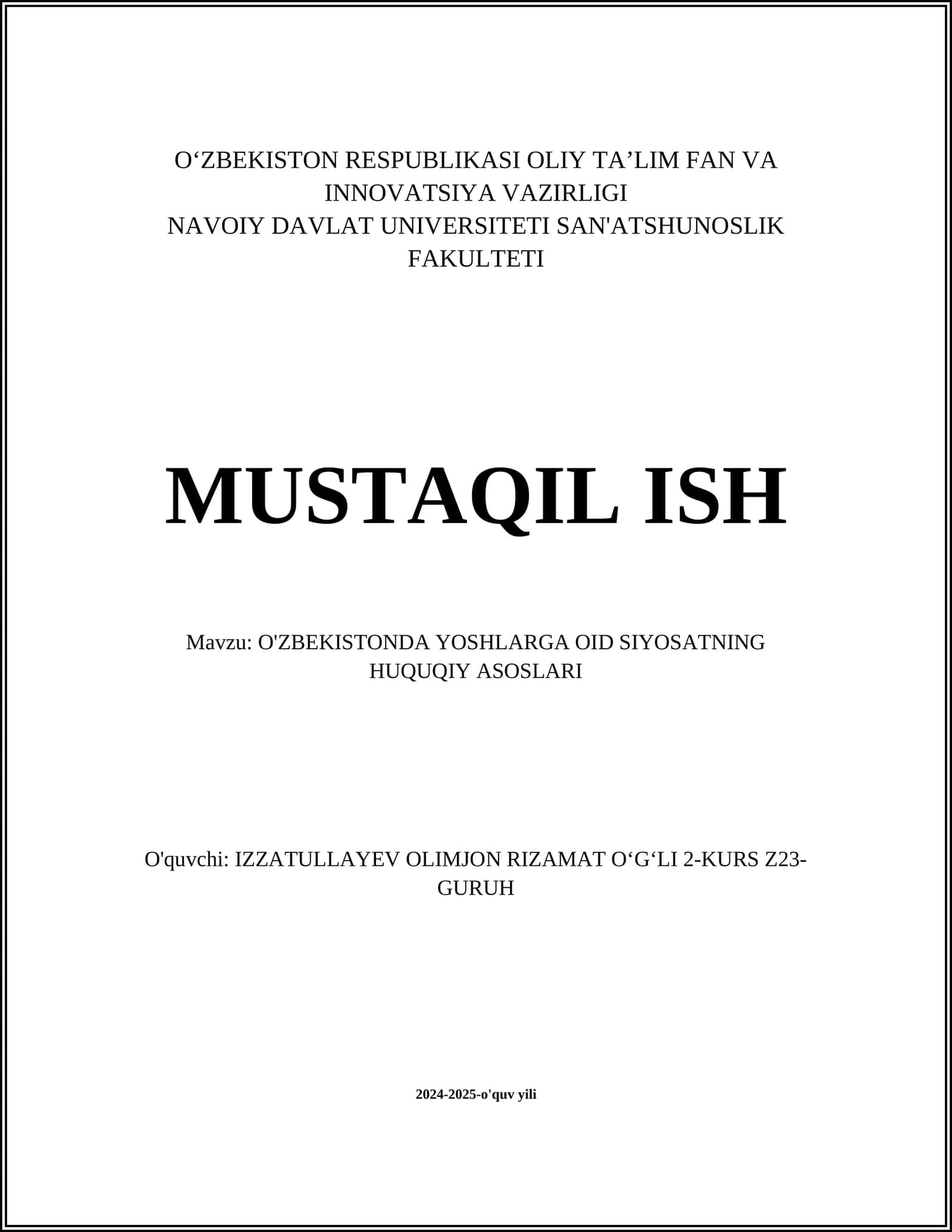 O'ZBEKISTONDA YOSHLARGA OID SIYOSATNING HUQUQIY ASOSLARI