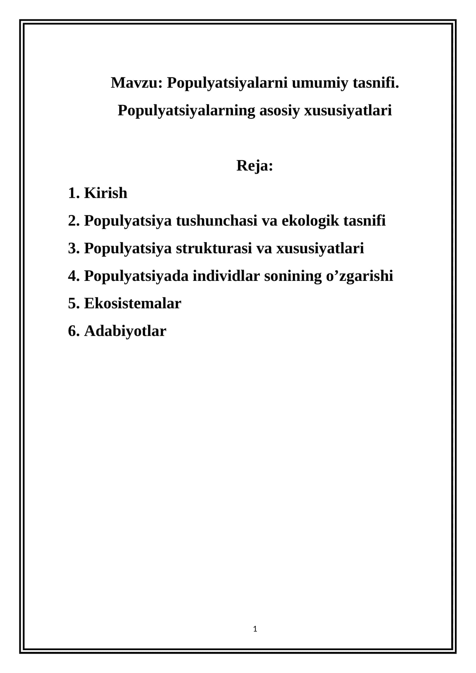 Populyatsiyalarni umumiy tasnifi