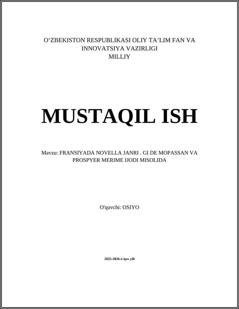 FRANSIYADA NOVELLA JANRI. GI DE MOPASSAN VA PROSPYER MERIME IJODI MISOLIDA