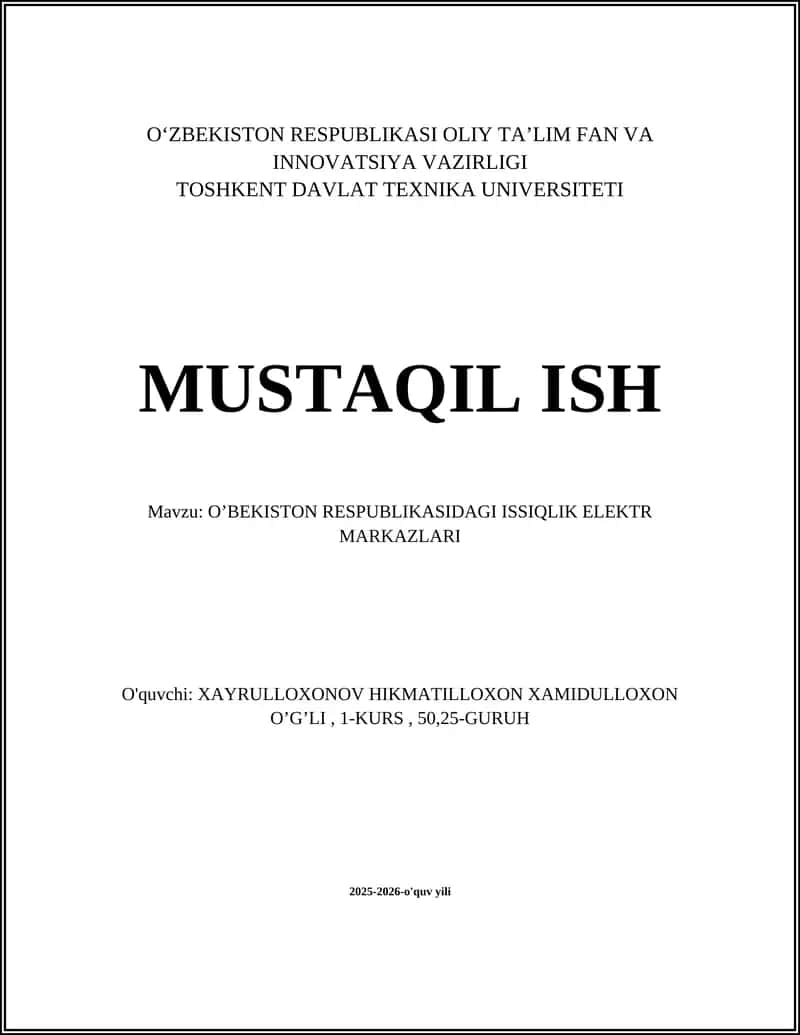 O’BEKISTON RESPUBLIKASIDAGI ISSIQLIK ELEKTR MARKAZLARI