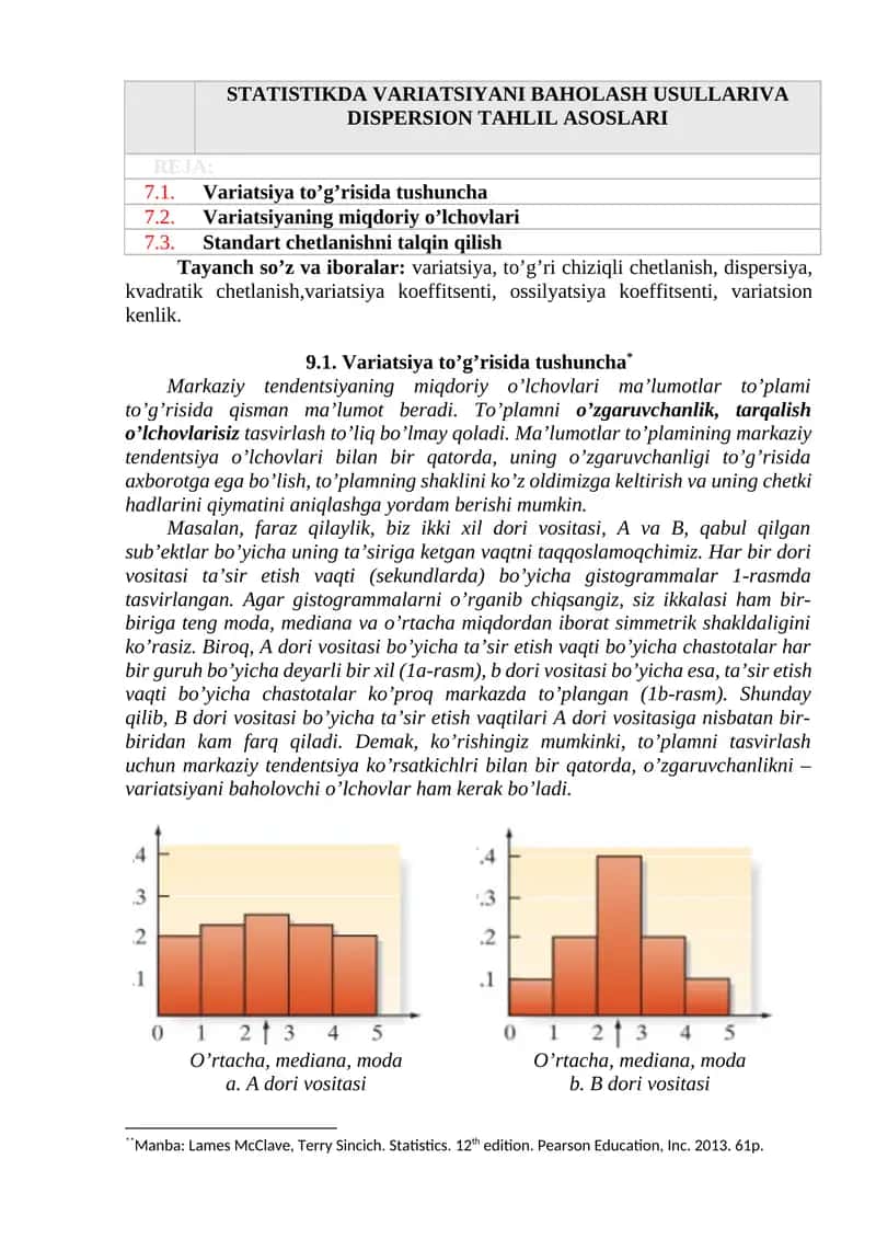 STATISTIKDA VARIATSIYANI BAHOLASH USULLARIVA DISPERSION TAHLIL ASOSLARI