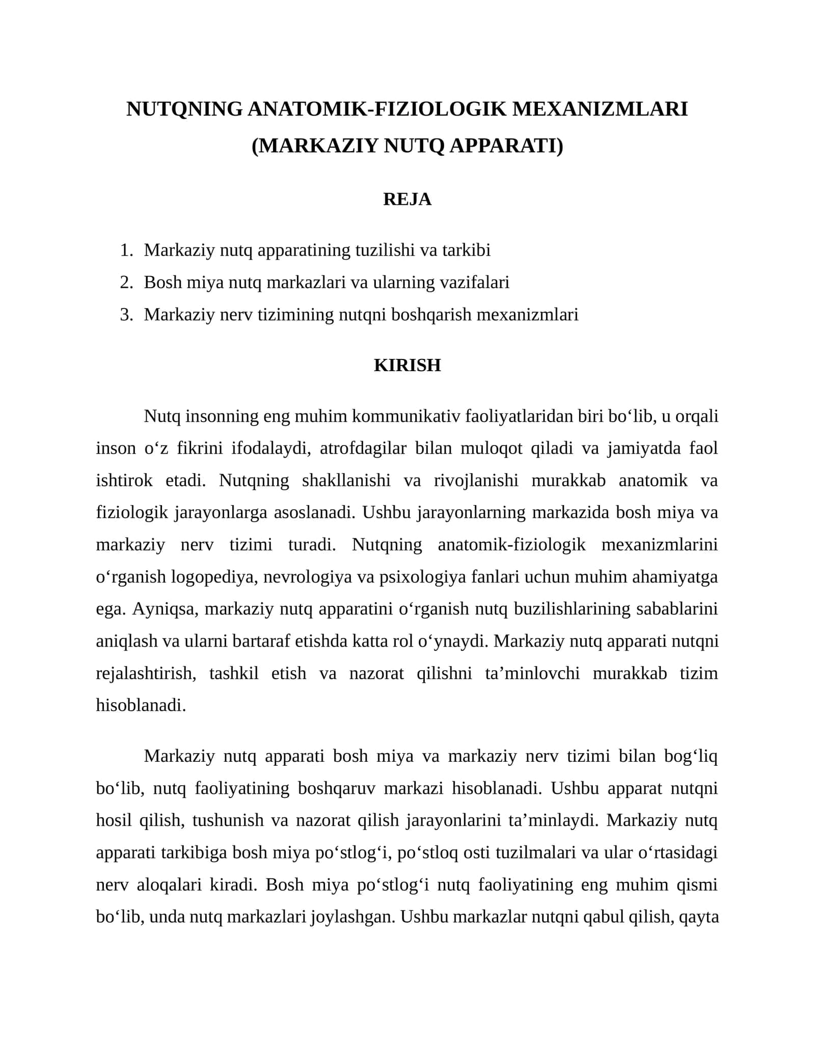 NUTQNING ANATOMIK-FIZIOLOGIK MEXANIZMLARI (MARKAZIY NUTQ APPARATI)