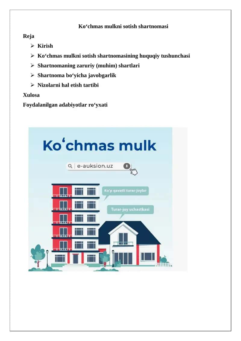 Ko‘chmas mulkni sotish shartnomasi