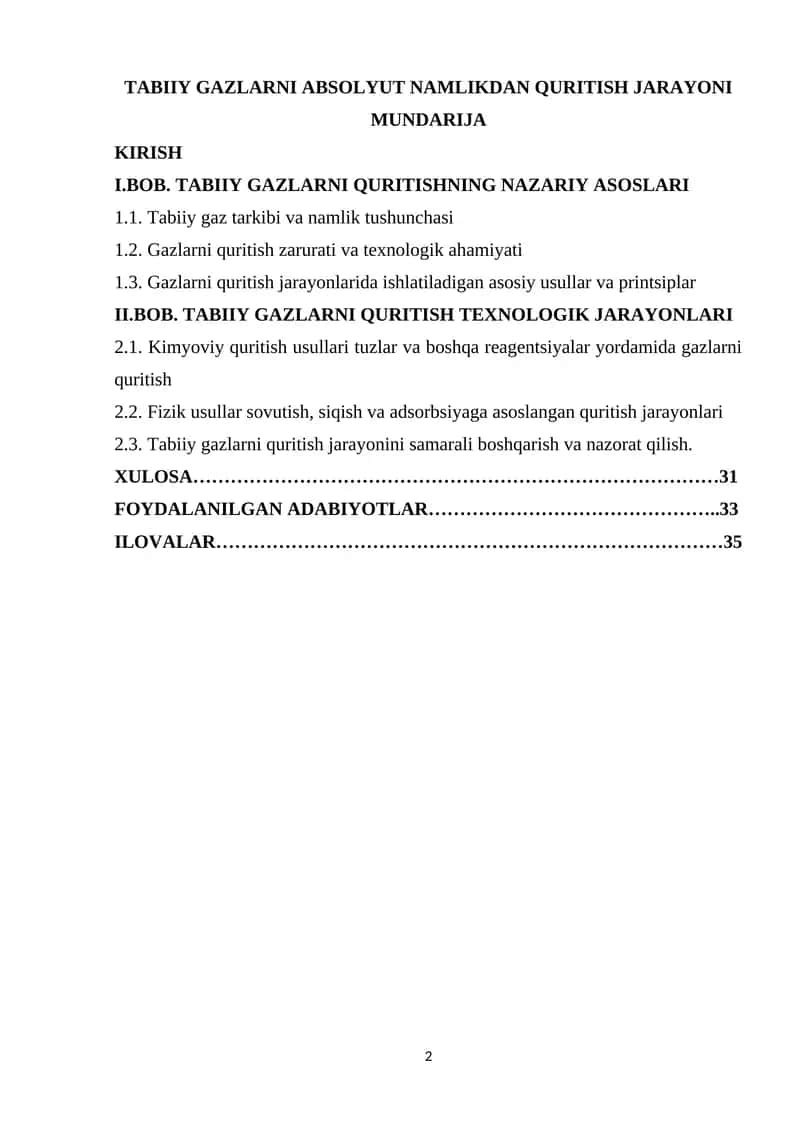 TABIIY GAZLARNI ABSOLYUT NAMLIKDAN QURITISH JARAYONI
