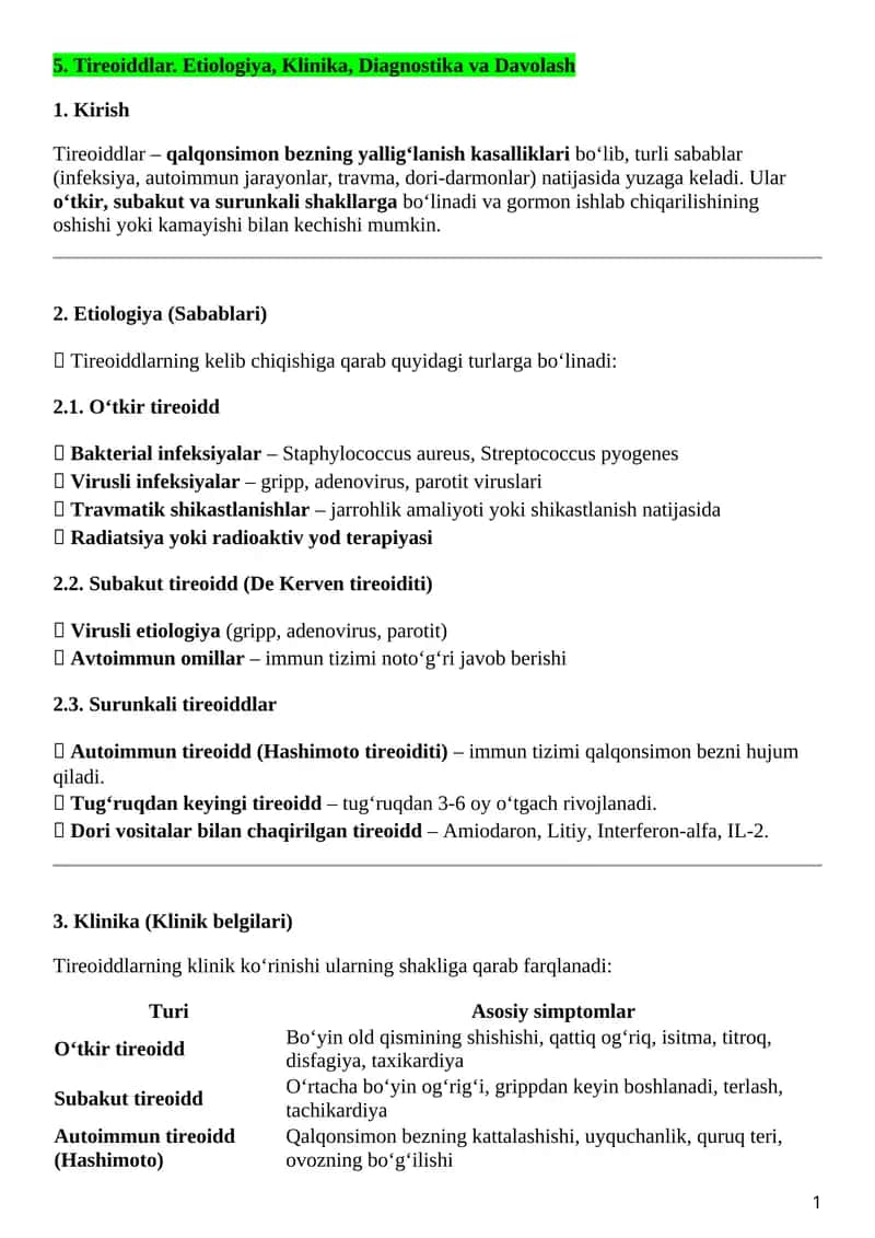 Tireoiddlar. Etiologiya, Klinika, Diagnostika va Davolash