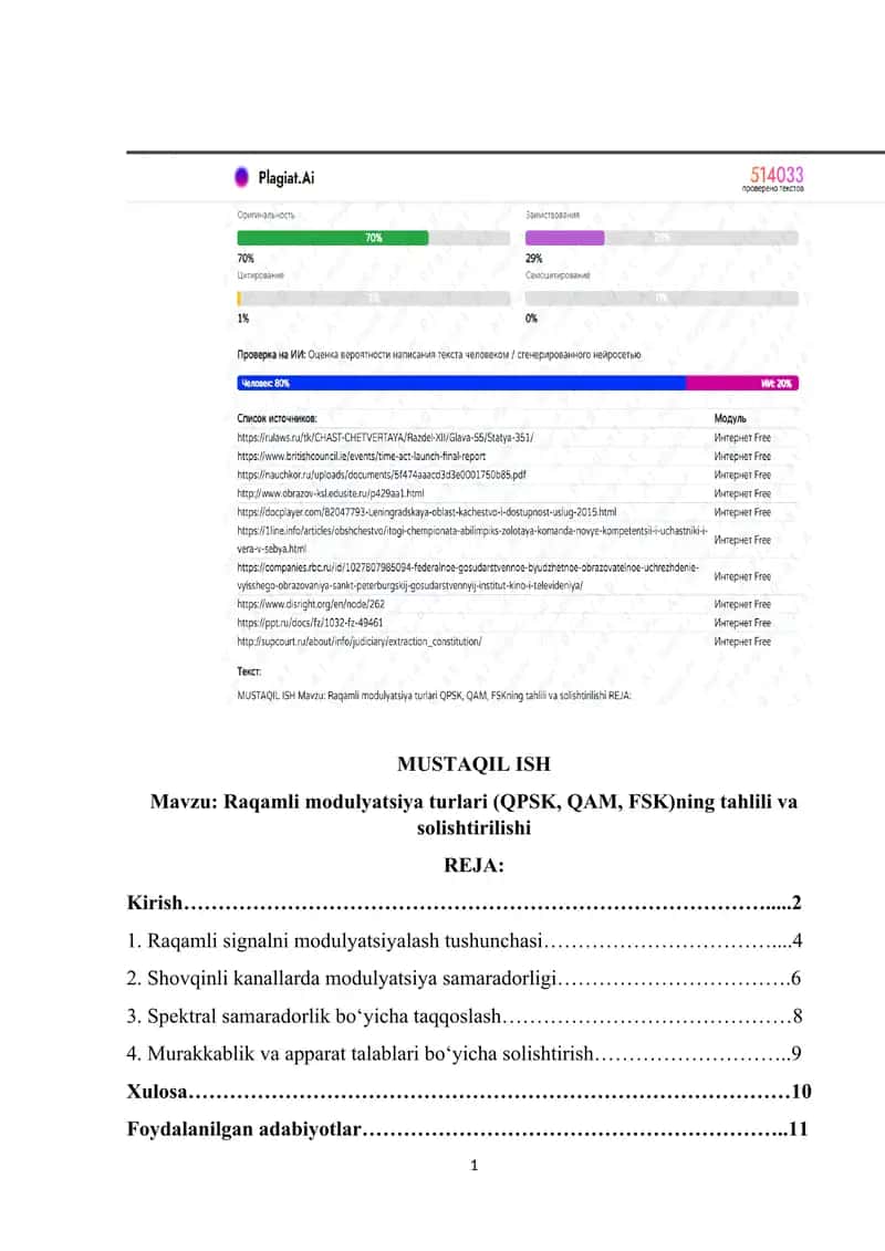 Raqamli modulyatsiya turlari (QPSK, QAM, FSK)ning tahlili va solishtirilishi