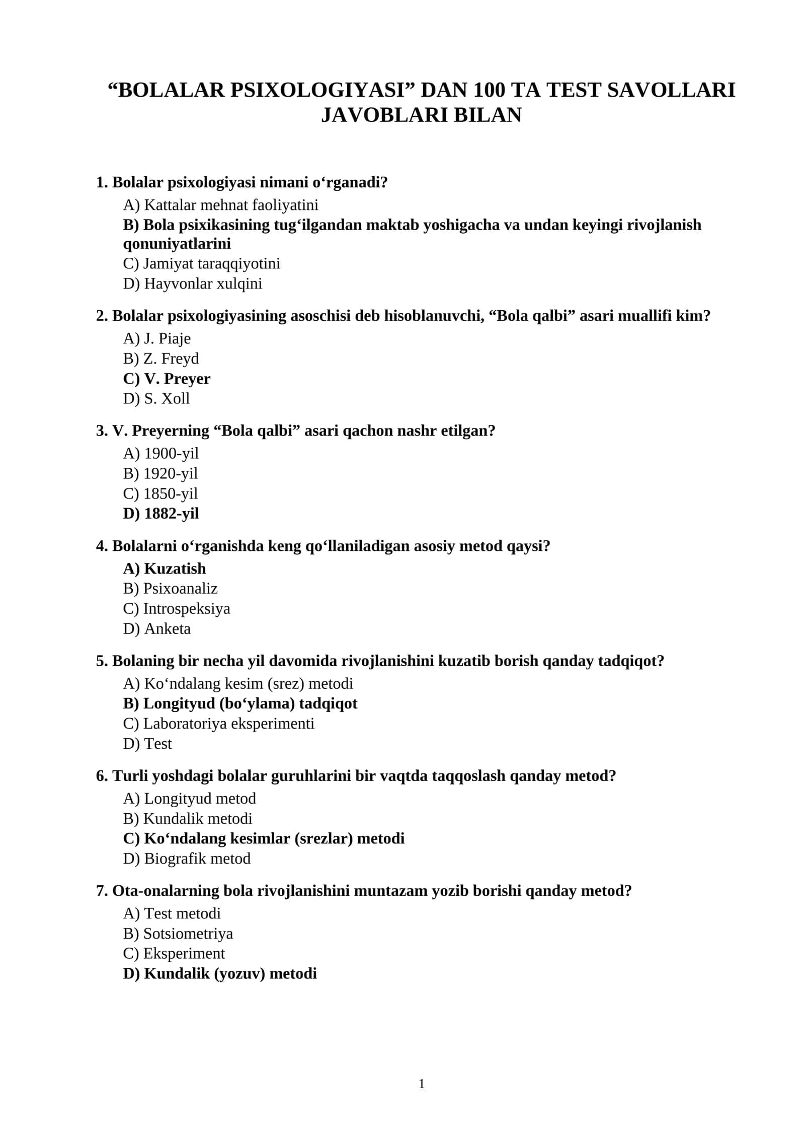 BOLALAR PSIXOLOGIYASI” DAN 100 TA TEST SAVOLLARI JAVOBLARI BILAN