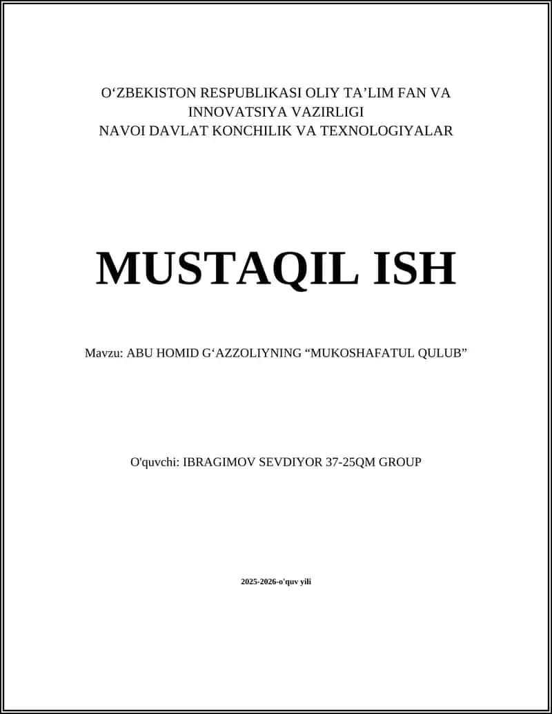 ABU HOMID GʻAZZOLIYNING “MUKOSHAFATUL QULUB”