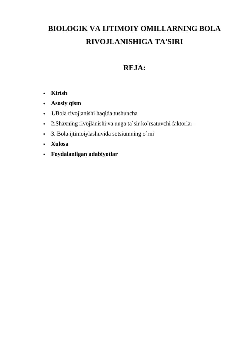 BIOLOGIK VA IJTIMOIY OMILLARNING BOLA RIVOJLANISHIGA TA'SIRI