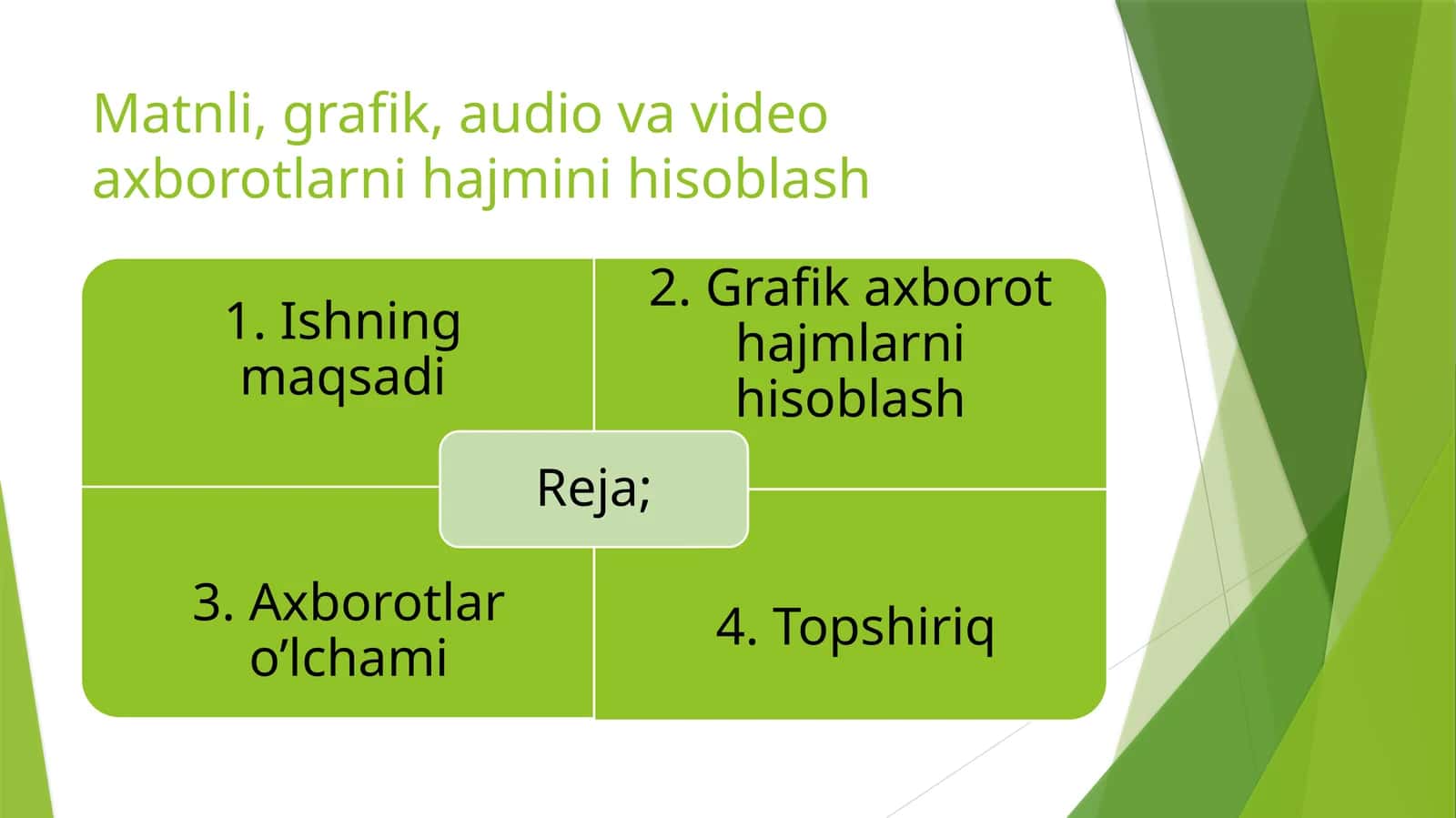 Matnli, grafik, audio va video axborotlarni hajmini hisoblash