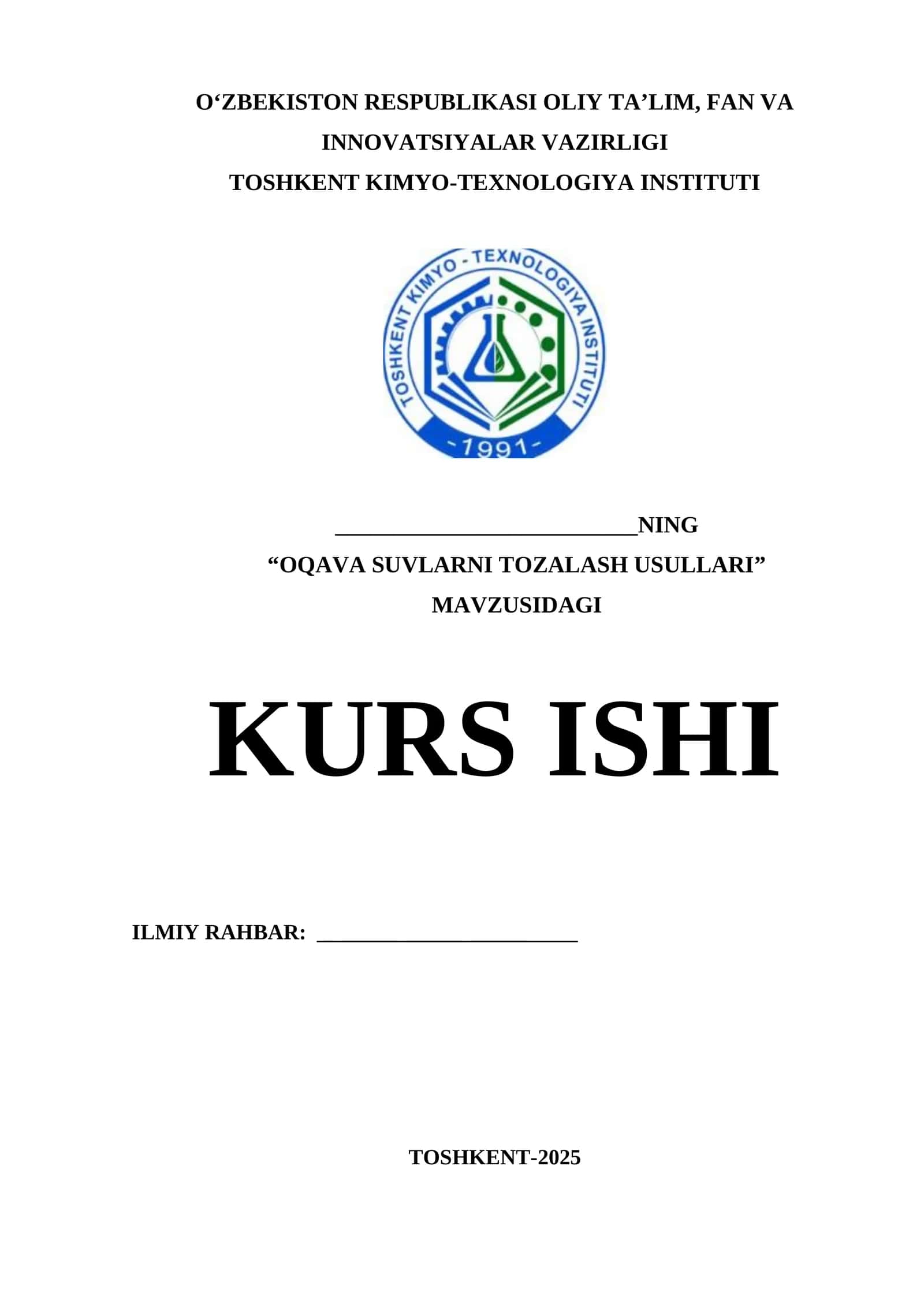 OQAVA SUVLARNI TOZALASH USULLARI - KURS ISHI