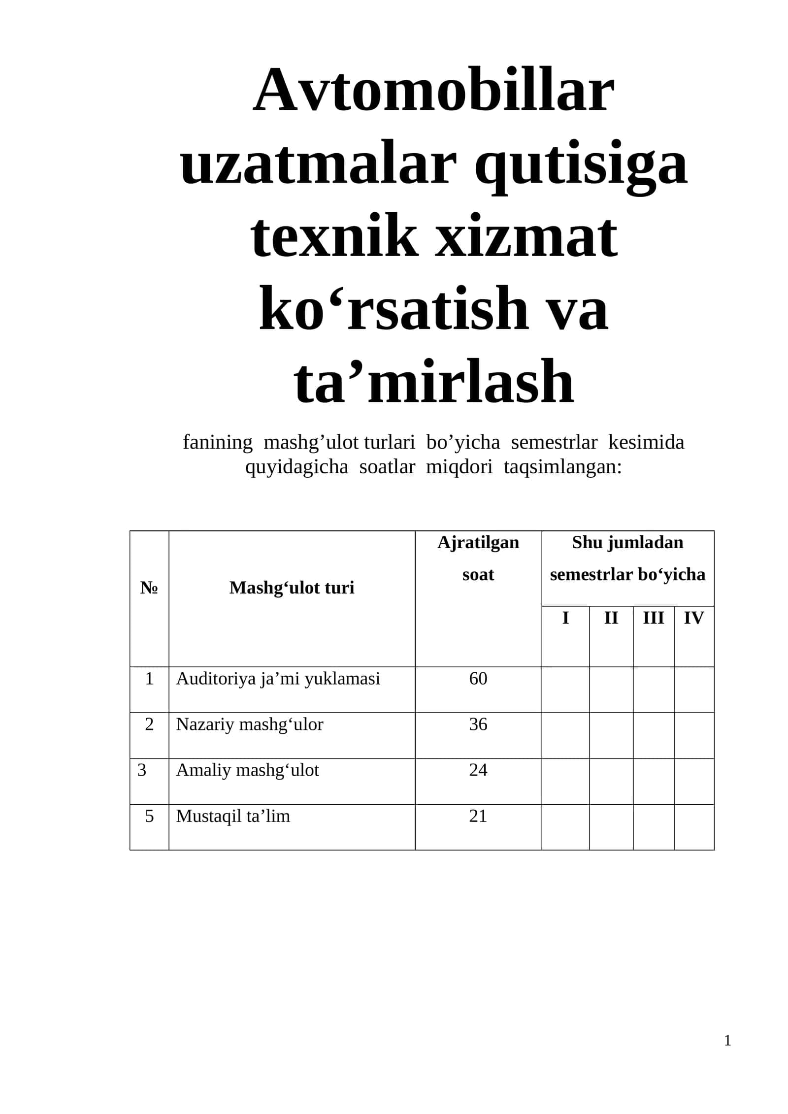 AVTOMOBILLAR UZATMALAR QUTISIGA TEXNIK XIZMAT KO‘RSATISH VA TA’MIRLASH