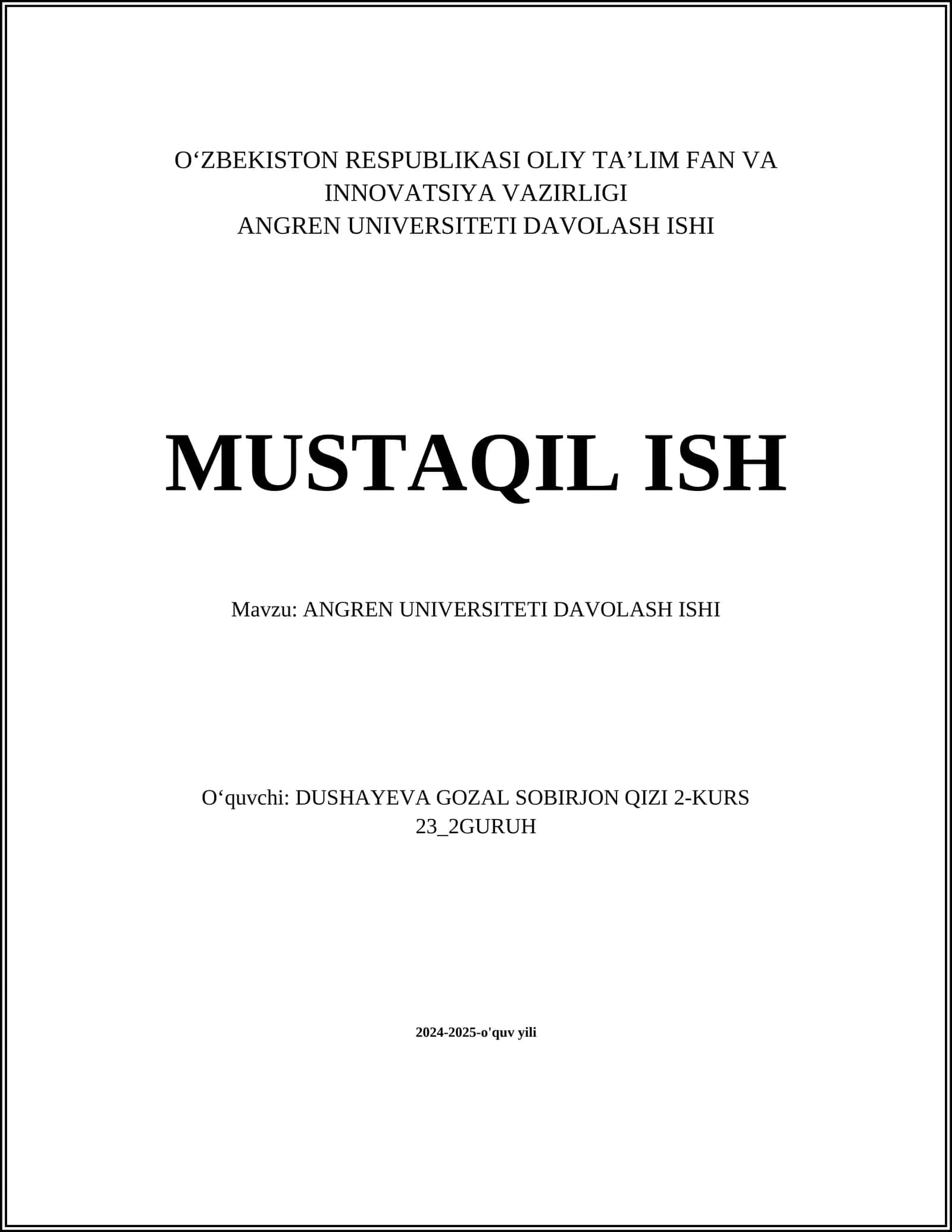 ANGREN UNIVERSITETI DAVOLASH ISHI