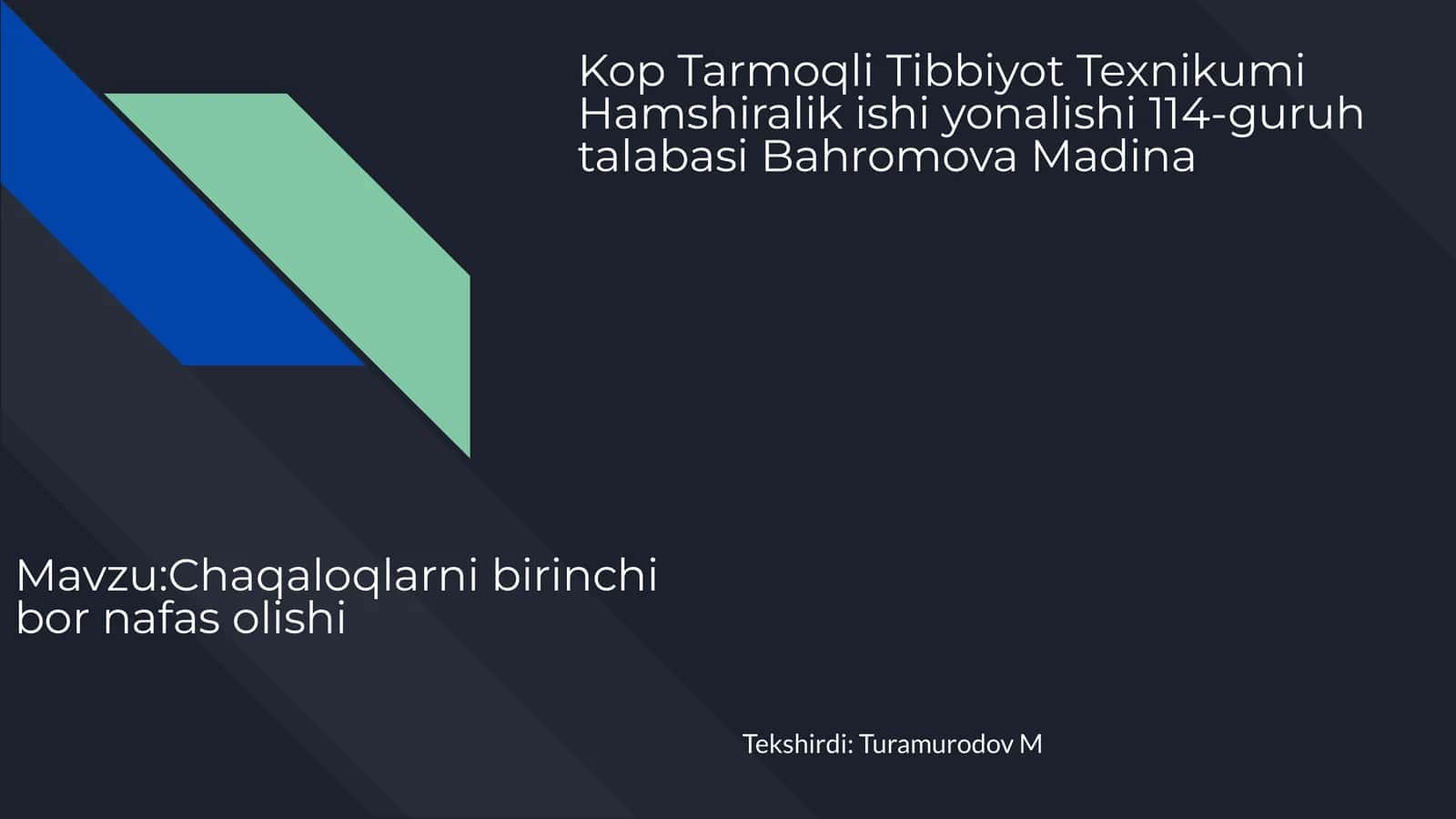 Kop Tarmoqli Tibbiyot Texnikumi Hamshiralik ishi yonalishi 114-guruh talabasi Bahromova Madina