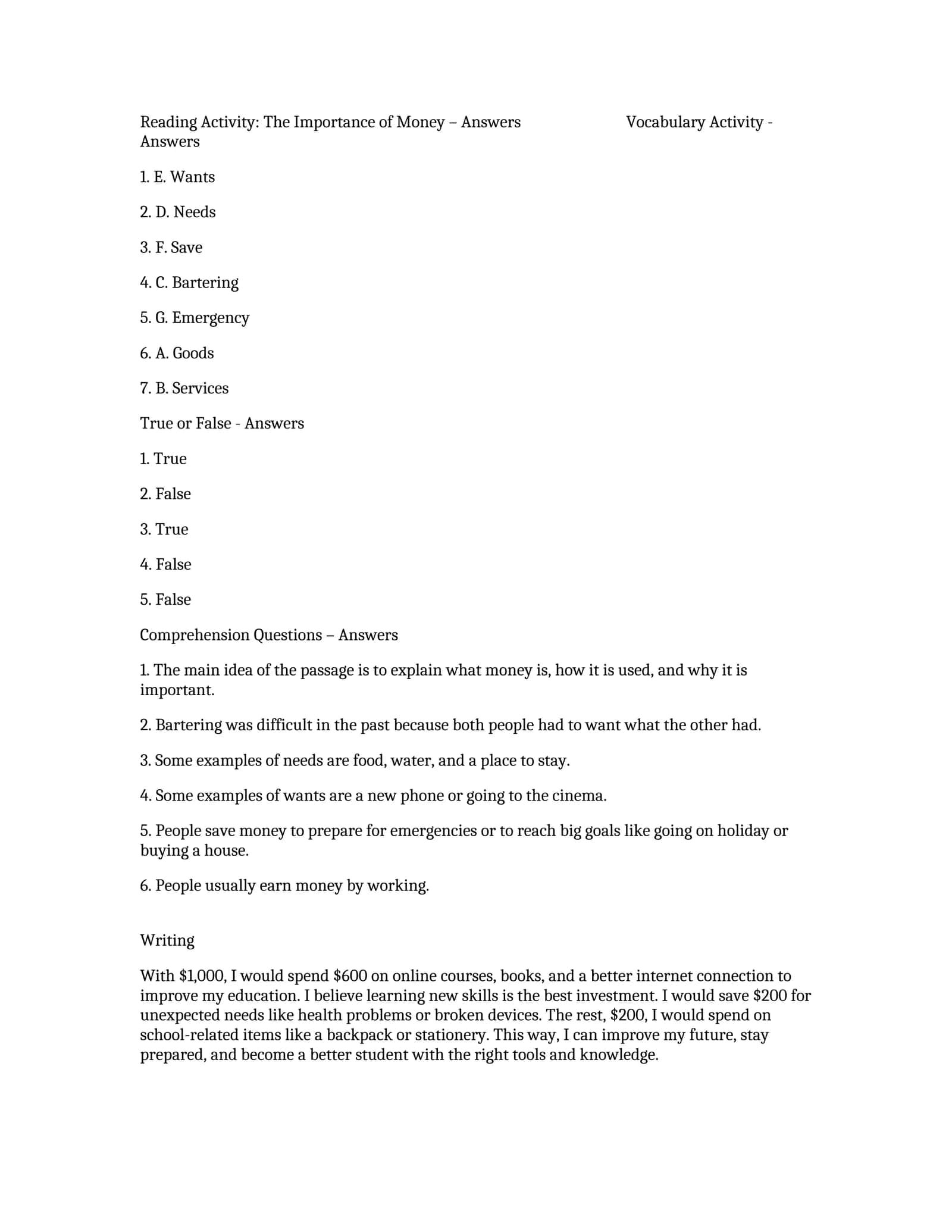 Reading Activity: The Importance of Money