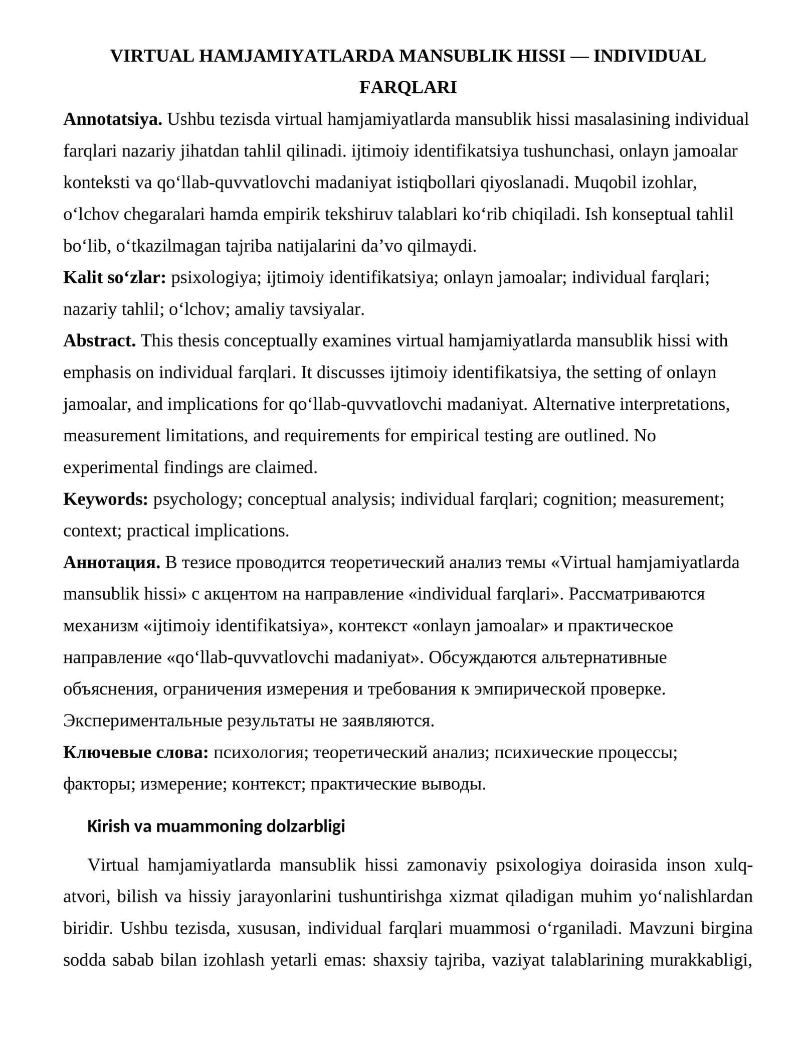 VIRTUAL HAMJAMIYATLARDA MANSUBLIK HISSI — INDIVIDUAL FARQLARI