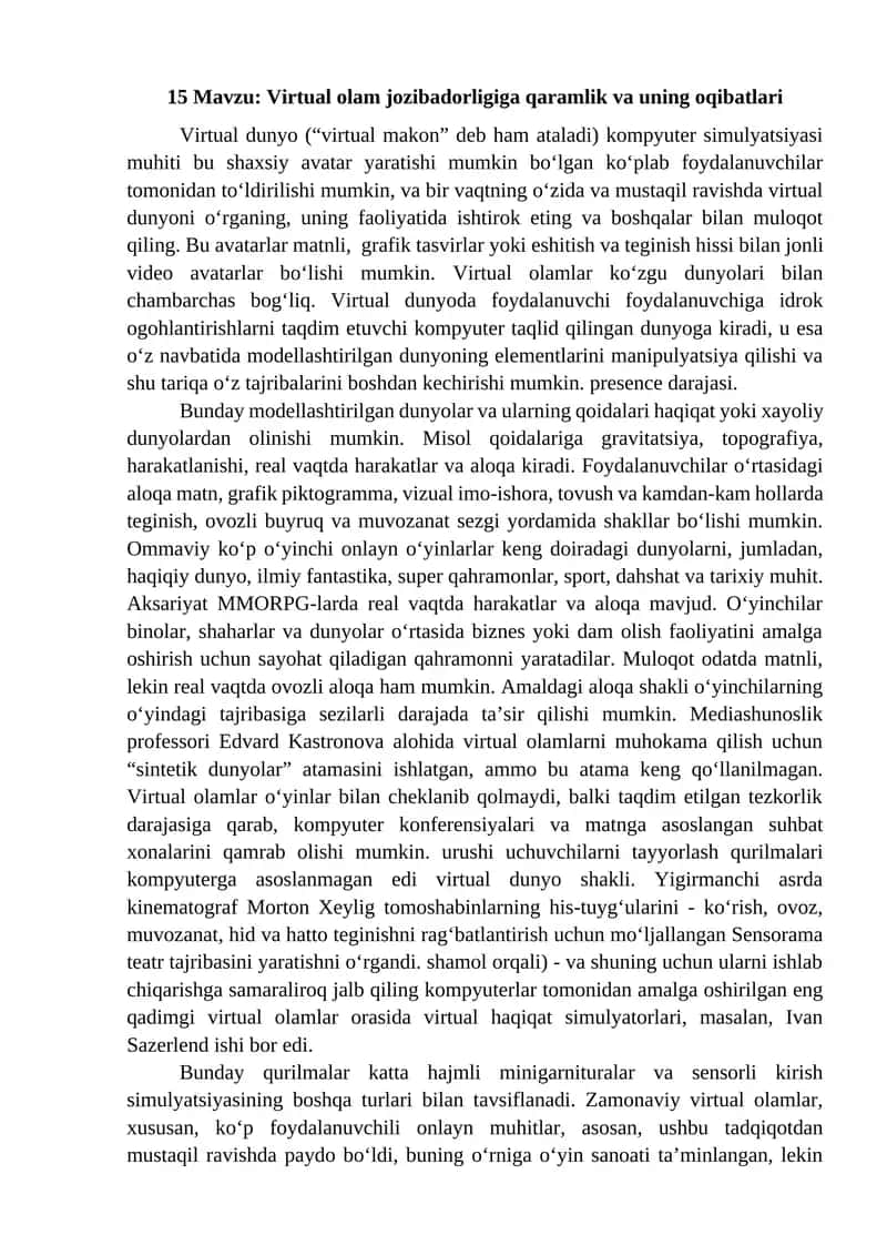 Virtual olam jozibadorligiga qaramlik va uning oqibatlari