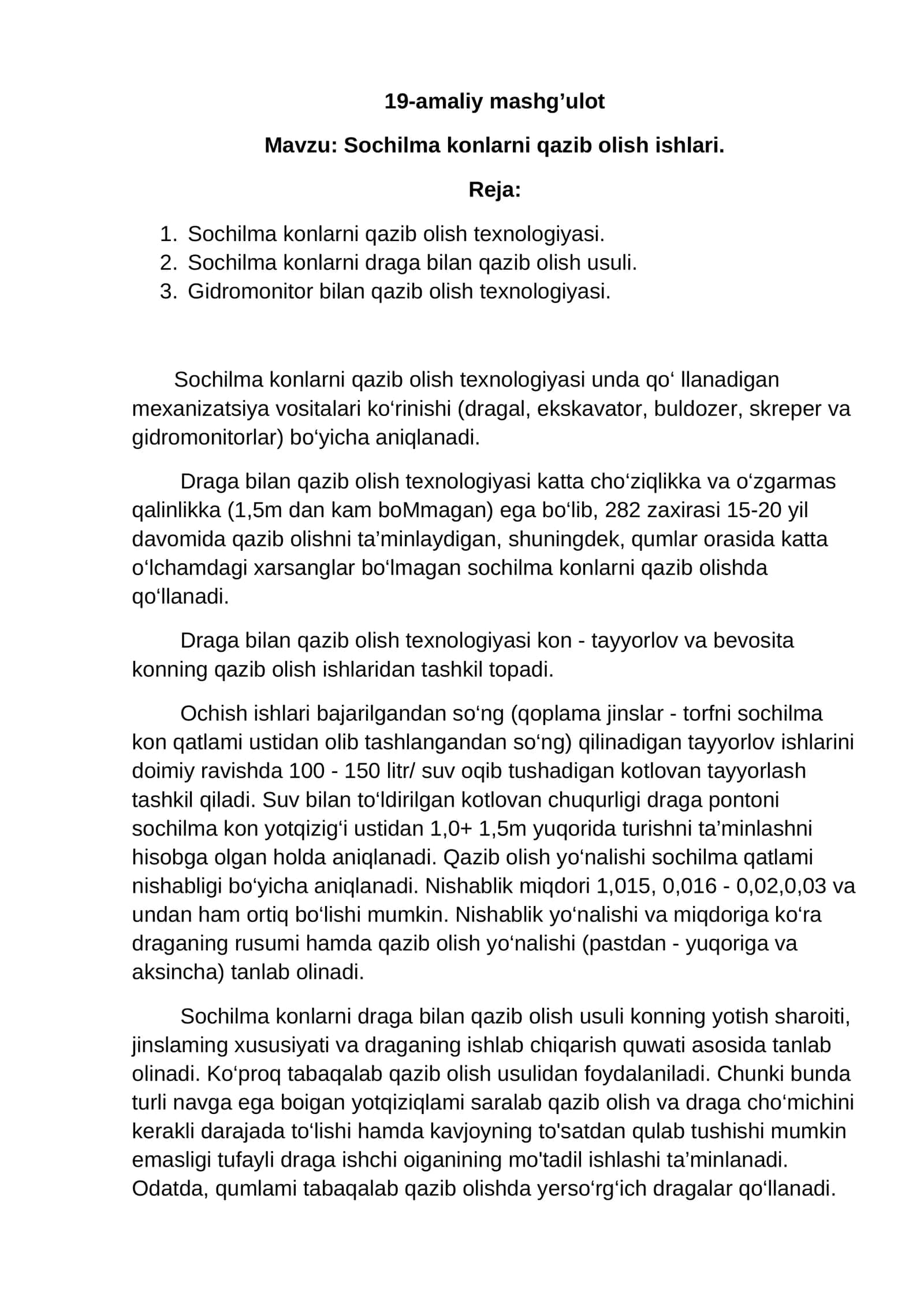 Sochilma konlarni qazib olish ishlari