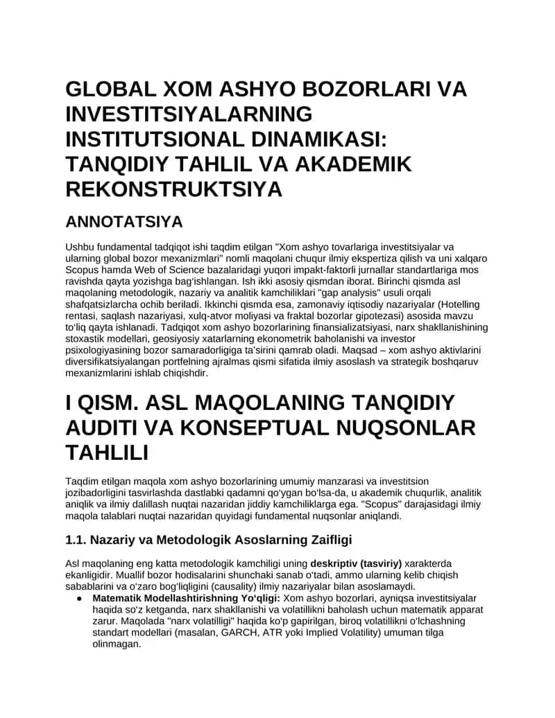 GLOBAL XOM ASHYO BOZORLARI VA INVESTITSIYALARNING INSTITUTSIONAL DINAMIKASI: TANQIDIY TAHLIL VA AKADEMIK REKONSTRUKTSIYA