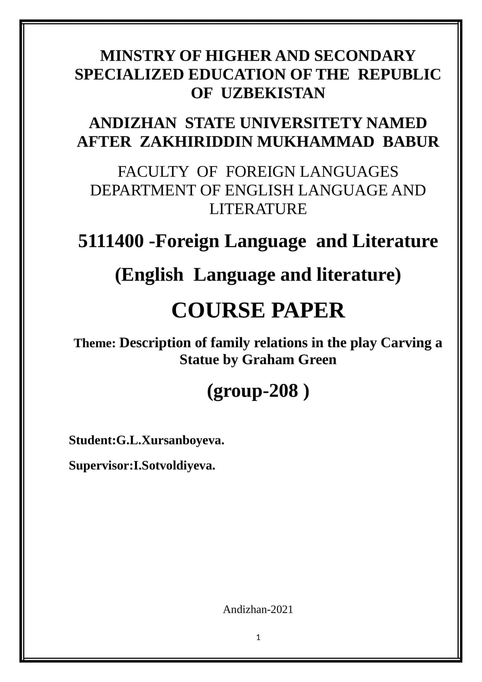 Course Paper: Description of Family Relations in the Play Carving a Statue by Graham Green