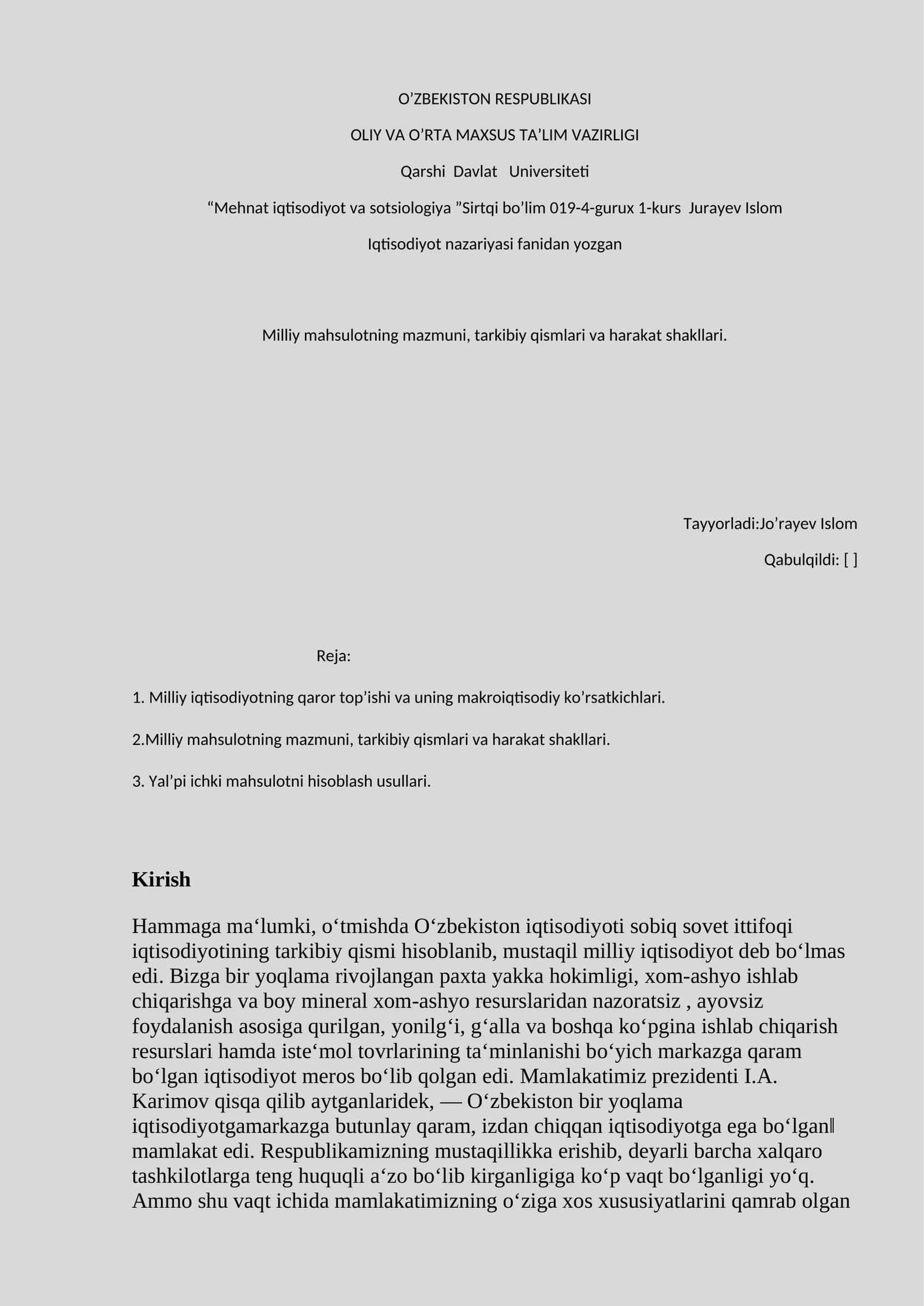Milliy mahsulotning mazmuni, tarkibiy qismlari va harakat shakllari