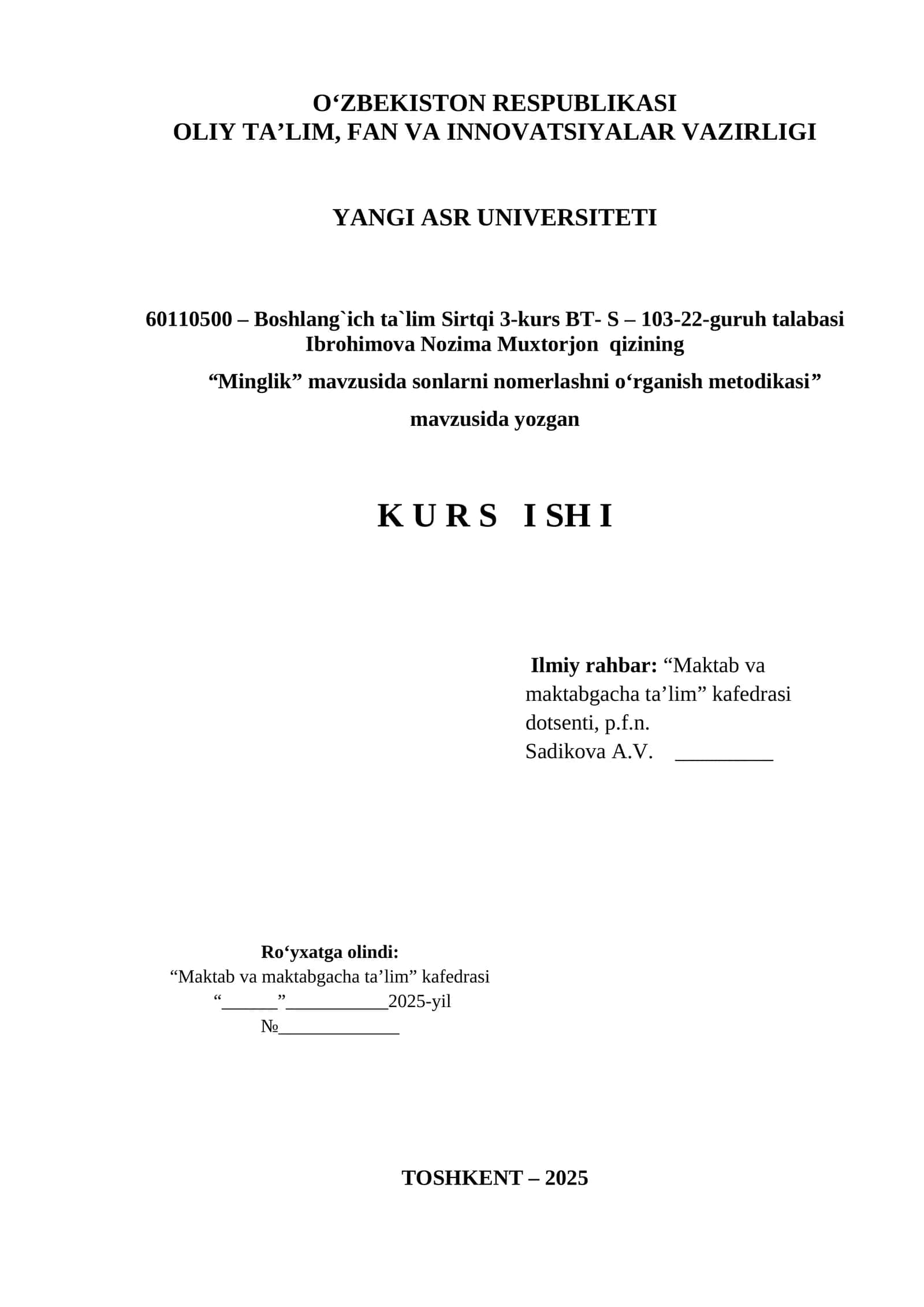 “Minglik” mavzusida sonlarni nomerlashni o‘rganish metodikasi