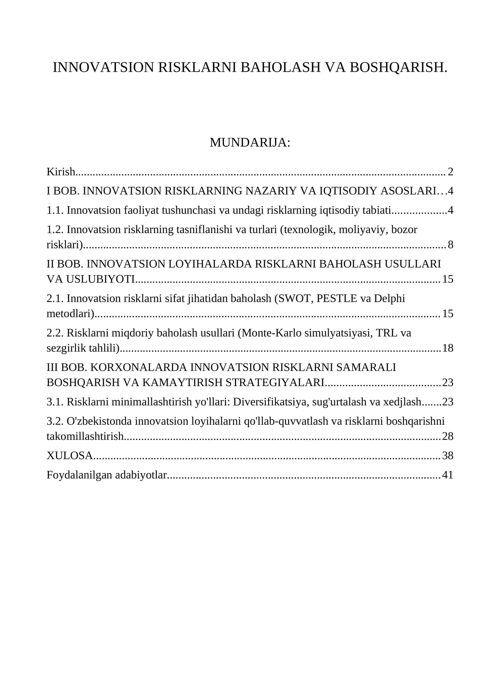INNOVATSION RISKLARNI BAHOLASH VA BOSHQARISH