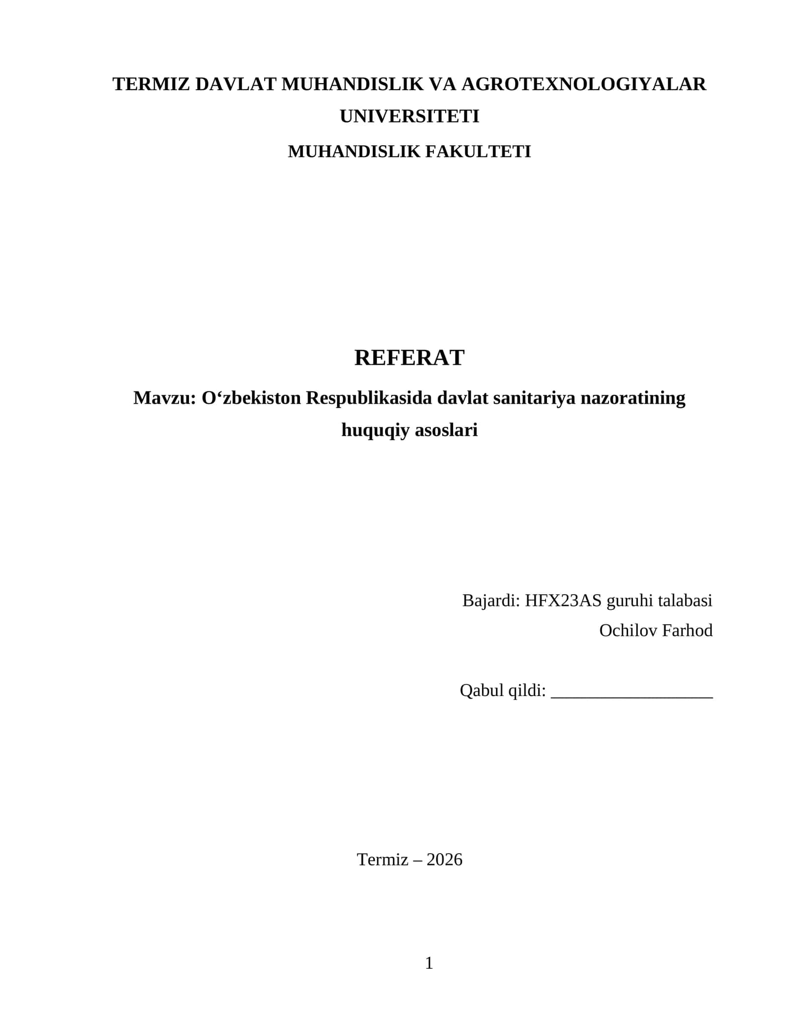 O‘zbekiston Respublikasida davlat sanitariya nazoratining huquqiy asoslari