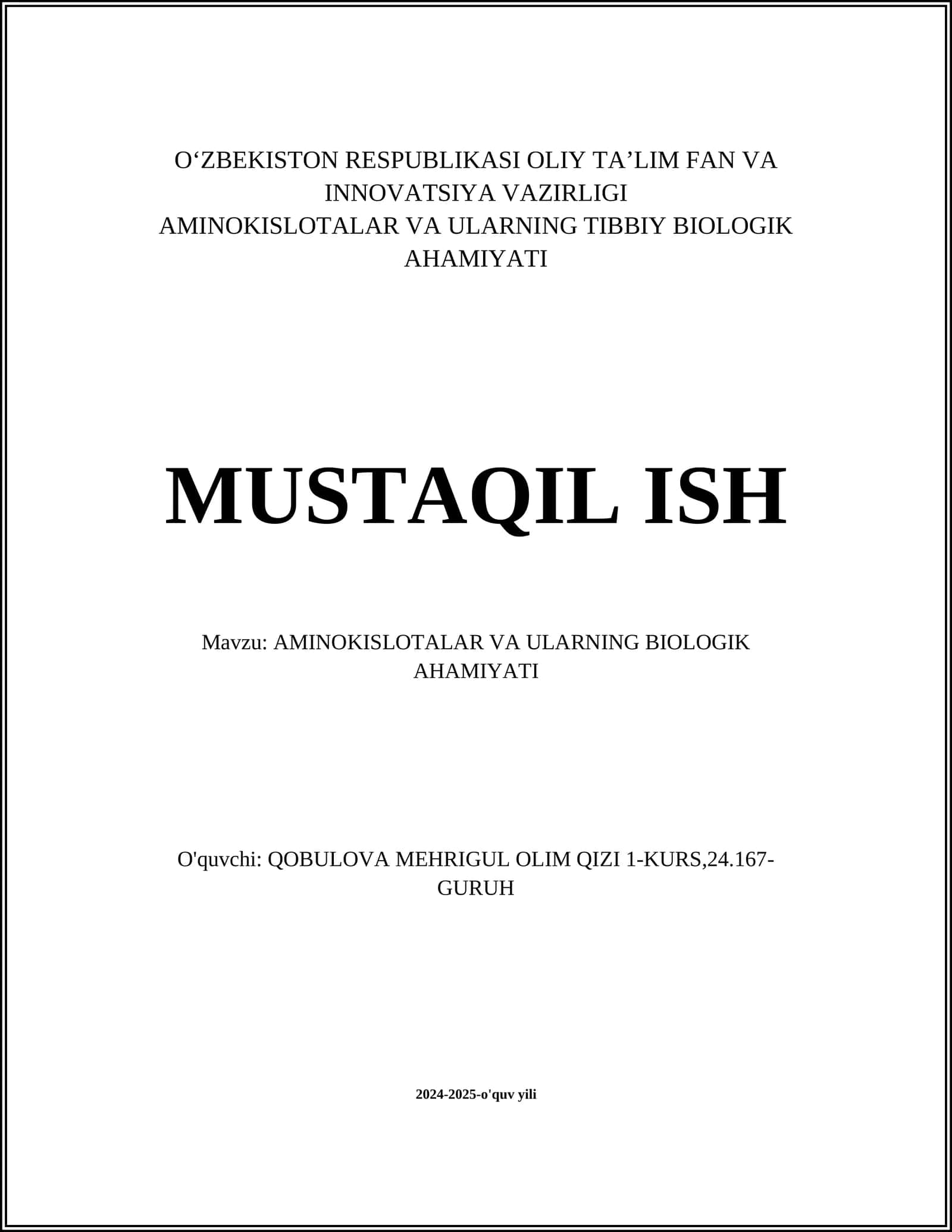 AMINOKISLOTALAR VA ULARNING BIOLOGIK AHAMIYATI