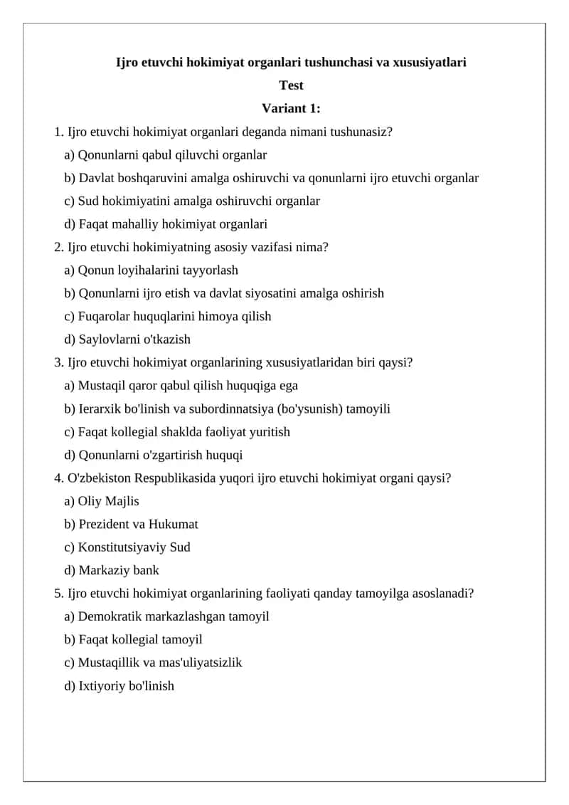 Ijro etuvchi hokimiyat organlari tushunchasi va xususiyatlari