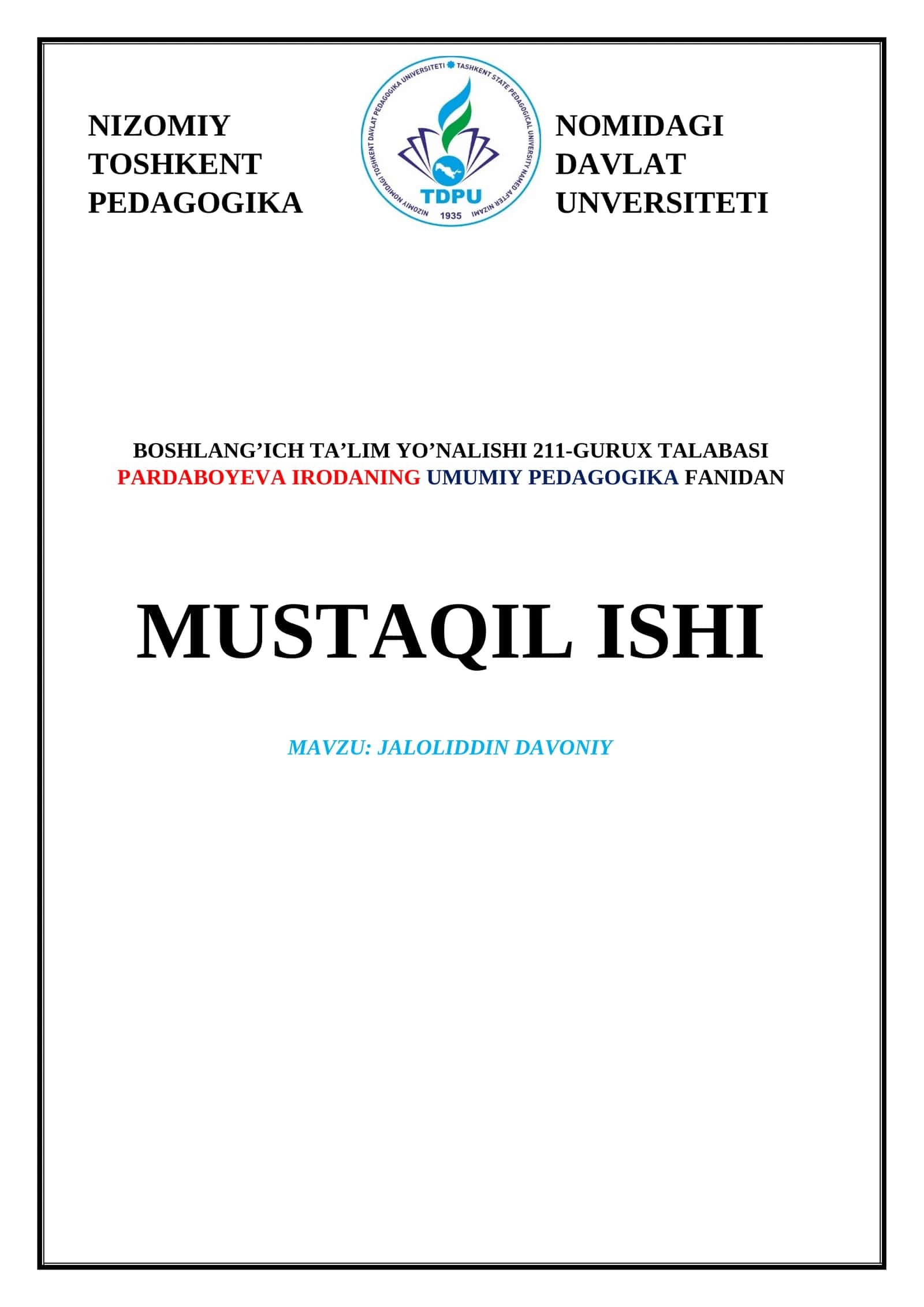 MUSTAQIL ISHI MAVZU: JALOLIDDIN DAVONIY