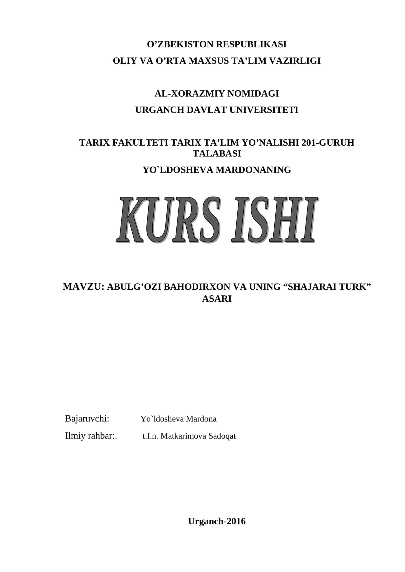 ABULG’OZI BAHODIRXON VA UNING “SHAJARAI TURK” ASARI