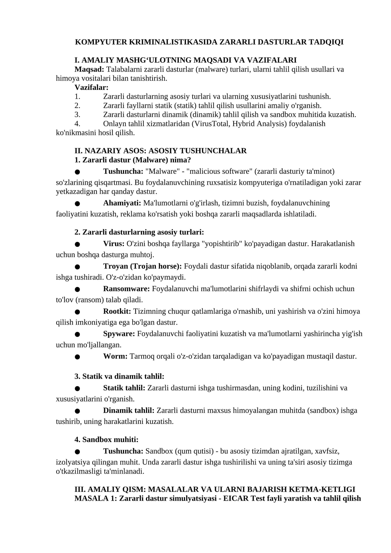 KOMPYUTER KRIMINALISTIKASIDA ZARARLI DASTURLAR TADQIQI