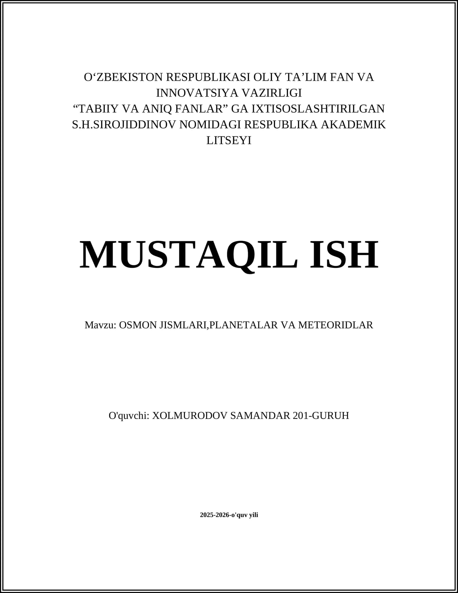 OSMON JISMLARI,PLANETALAR VA METEORIDLAR
