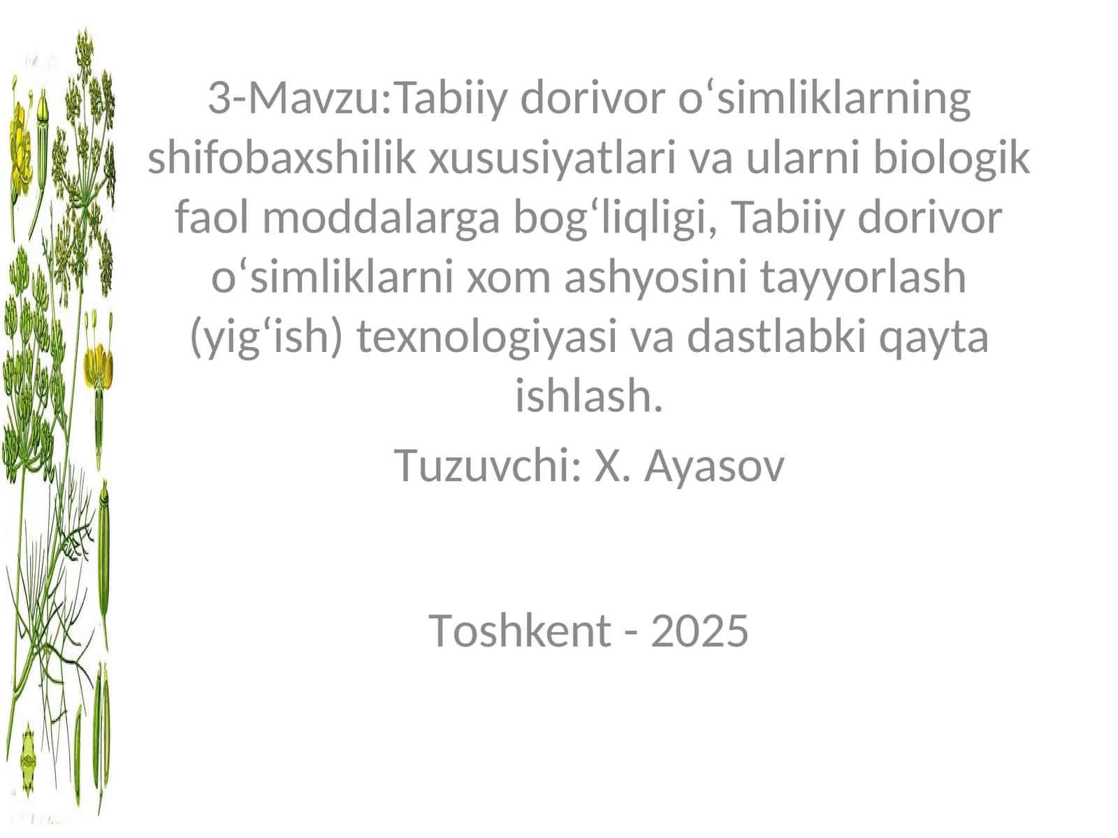 Tabiiy dorivor oʻsimliklarning shifobaxshilik xususiyatlari va ularni biologik faol moddalarga bogʻliqligi