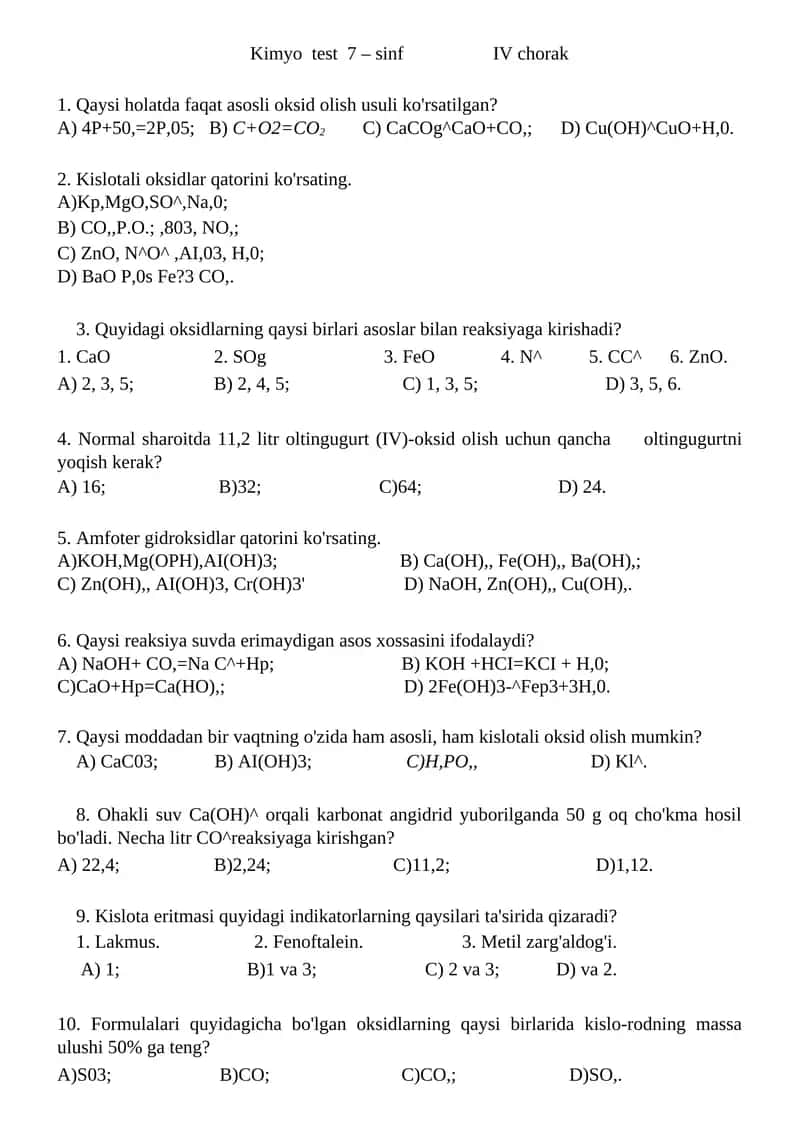 Kimyo test 7 – sinf IV chorak
