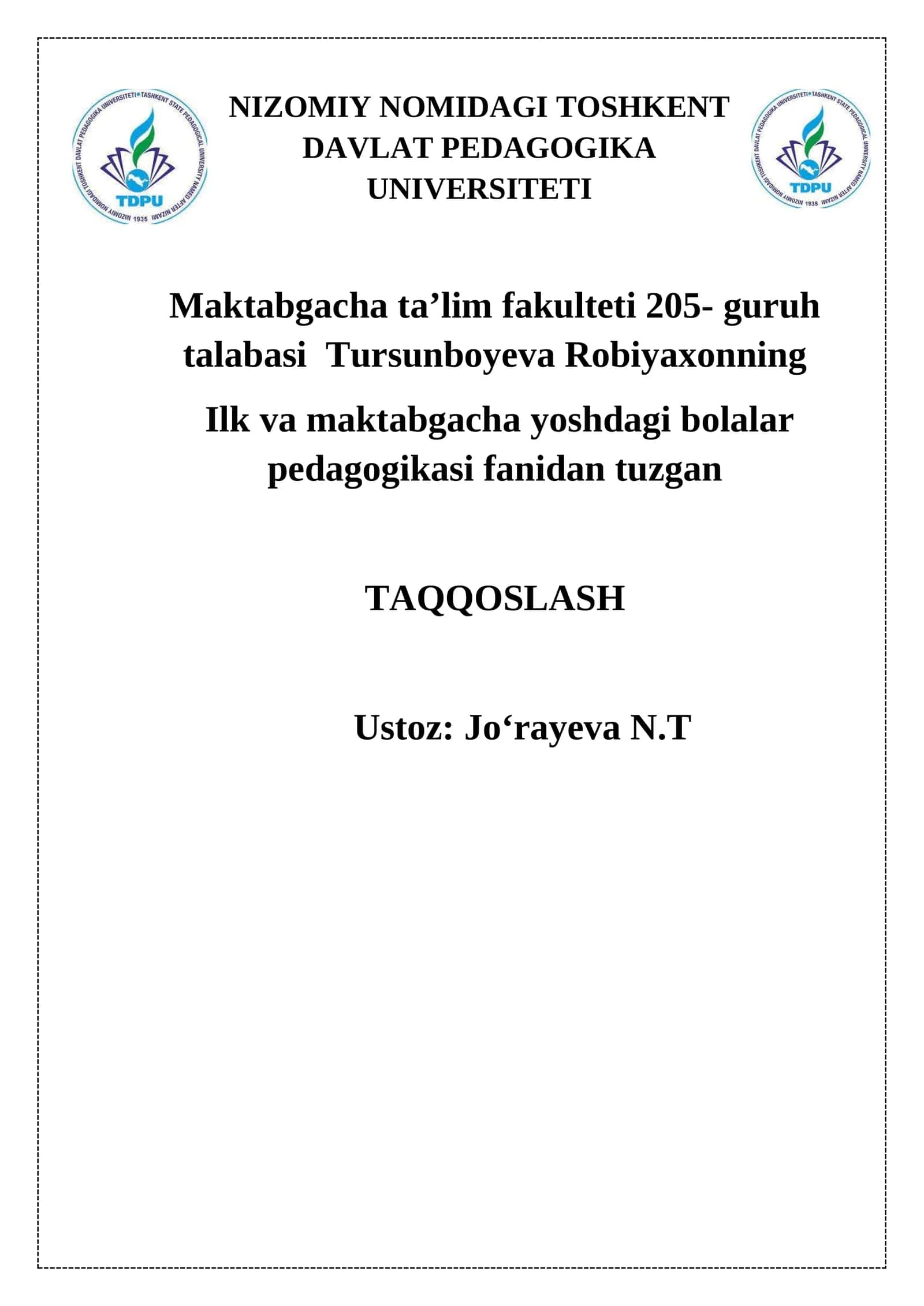 Ilk va maktabgacha yoshdagi bolalar pedagogikasi