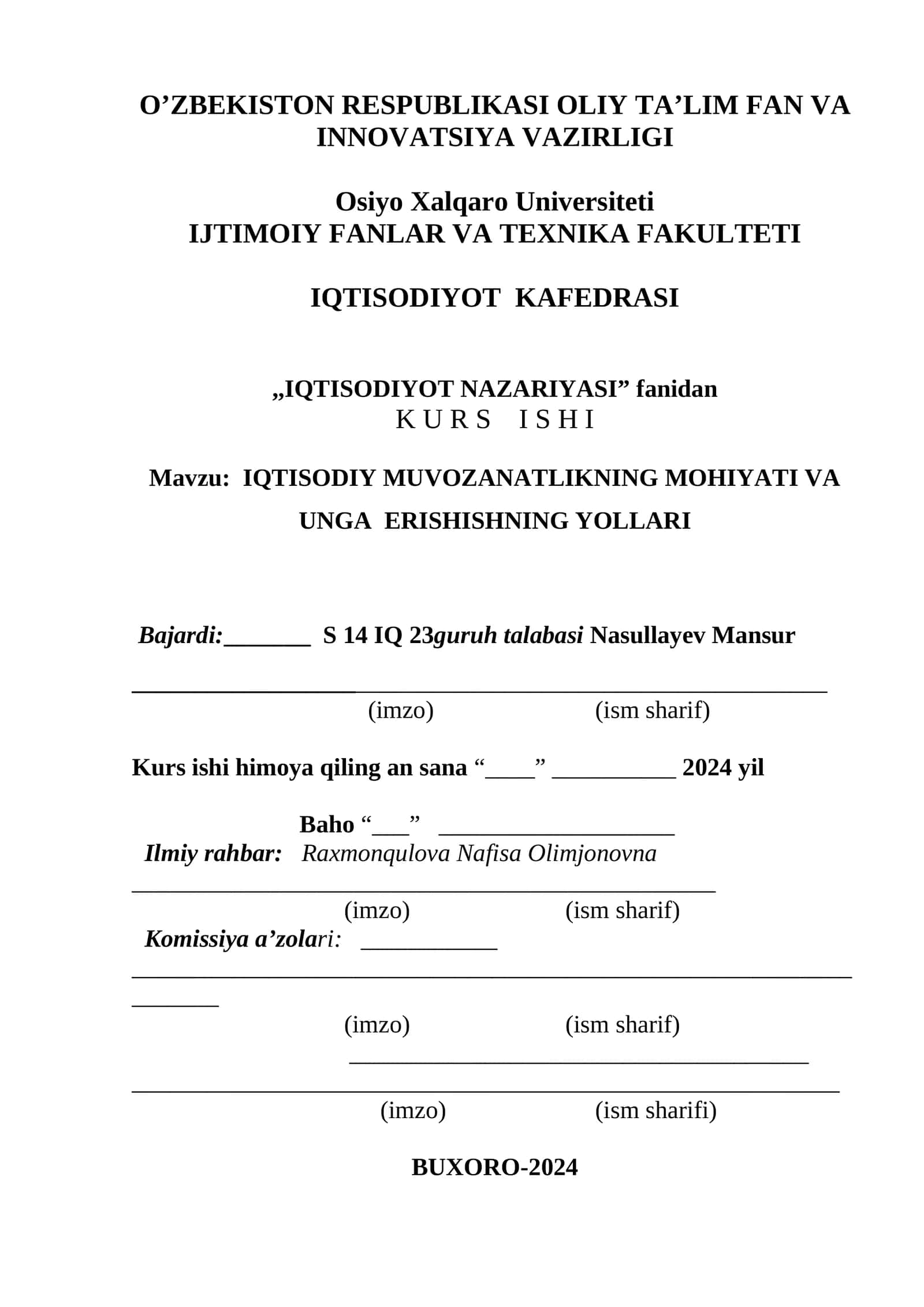 IQTISODIY MUVOZANATLIKNING MOHIYATI VA UNGA ERISHISHNING YOLLARI