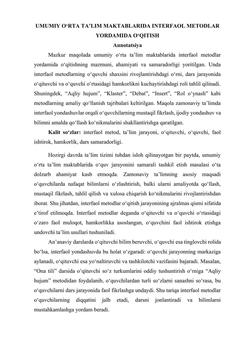 "Umumiy o'rta ta'lim maktablarida interfaol metodlar yordamida o'qitish" mavzusida maqola