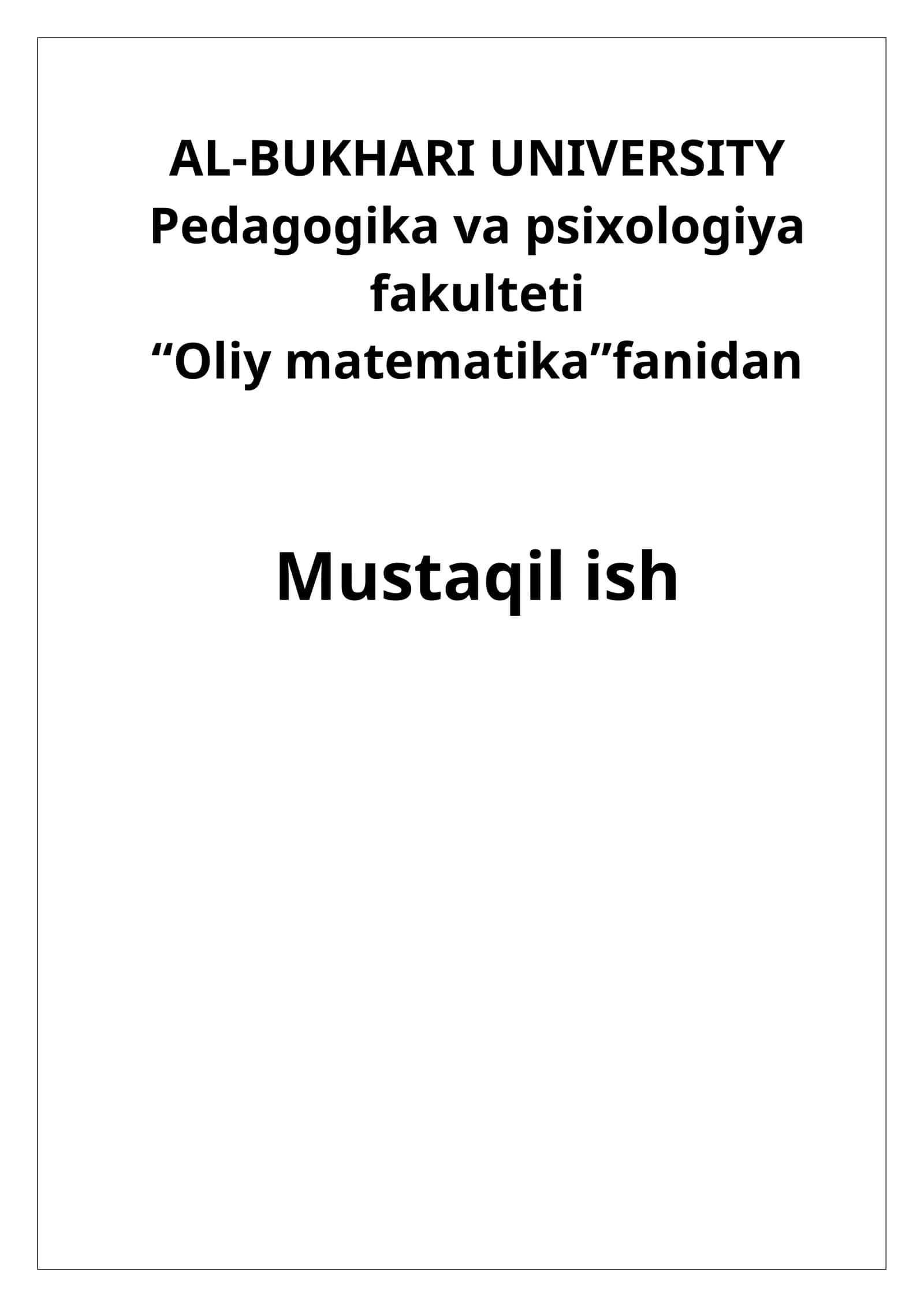 Oliy matematika fanidan Mustaqil ish